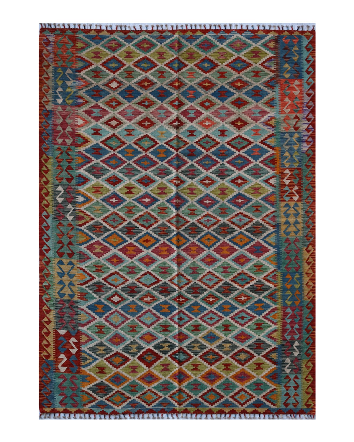 Handwoven Afghani Kilim Wool Rug – Multicolor Diamond Pattern | 9.8 x 7.2 ft