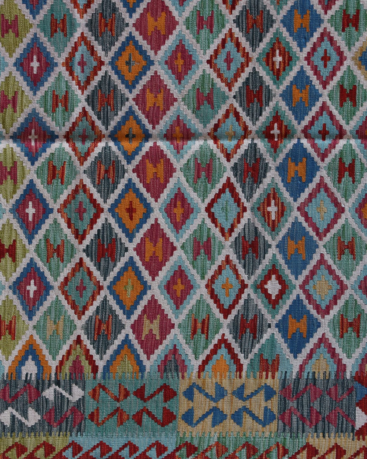 Handwoven Afghani Kilim Wool Rug – Multicolor Diamond Pattern | 9.8 x 7.2 ft