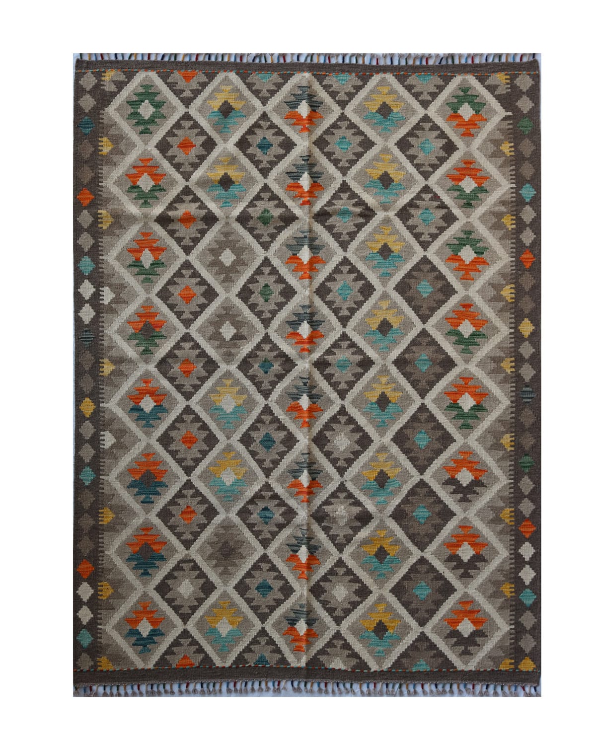 Handwoven Afghani Kilim Wool Rug – Earth Tone Diamond Pattern | 7.5 x 5.1 ft