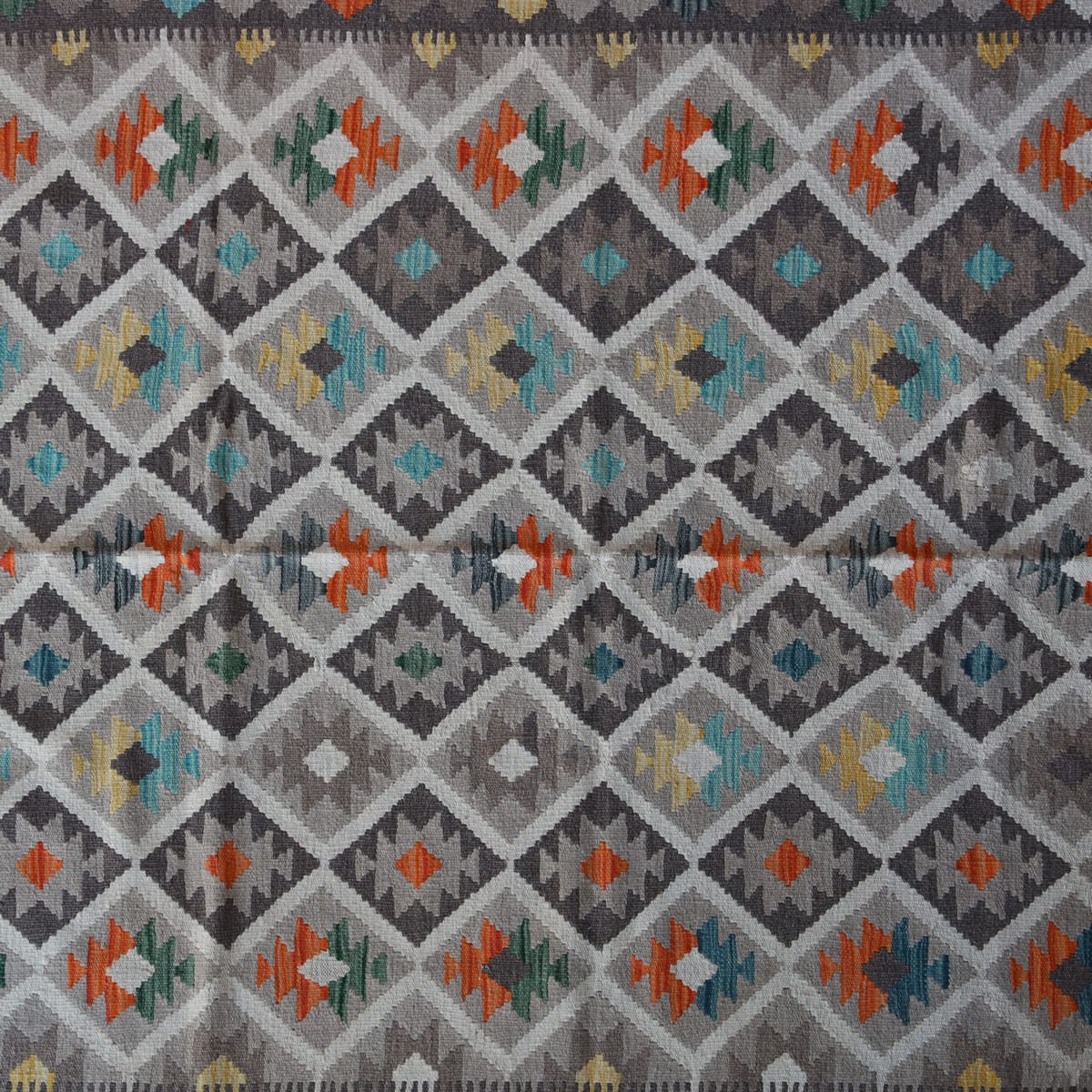Handwoven Afghani Kilim Wool Rug – Earth Tone Diamond Pattern | 7.5 x 5.1 ft