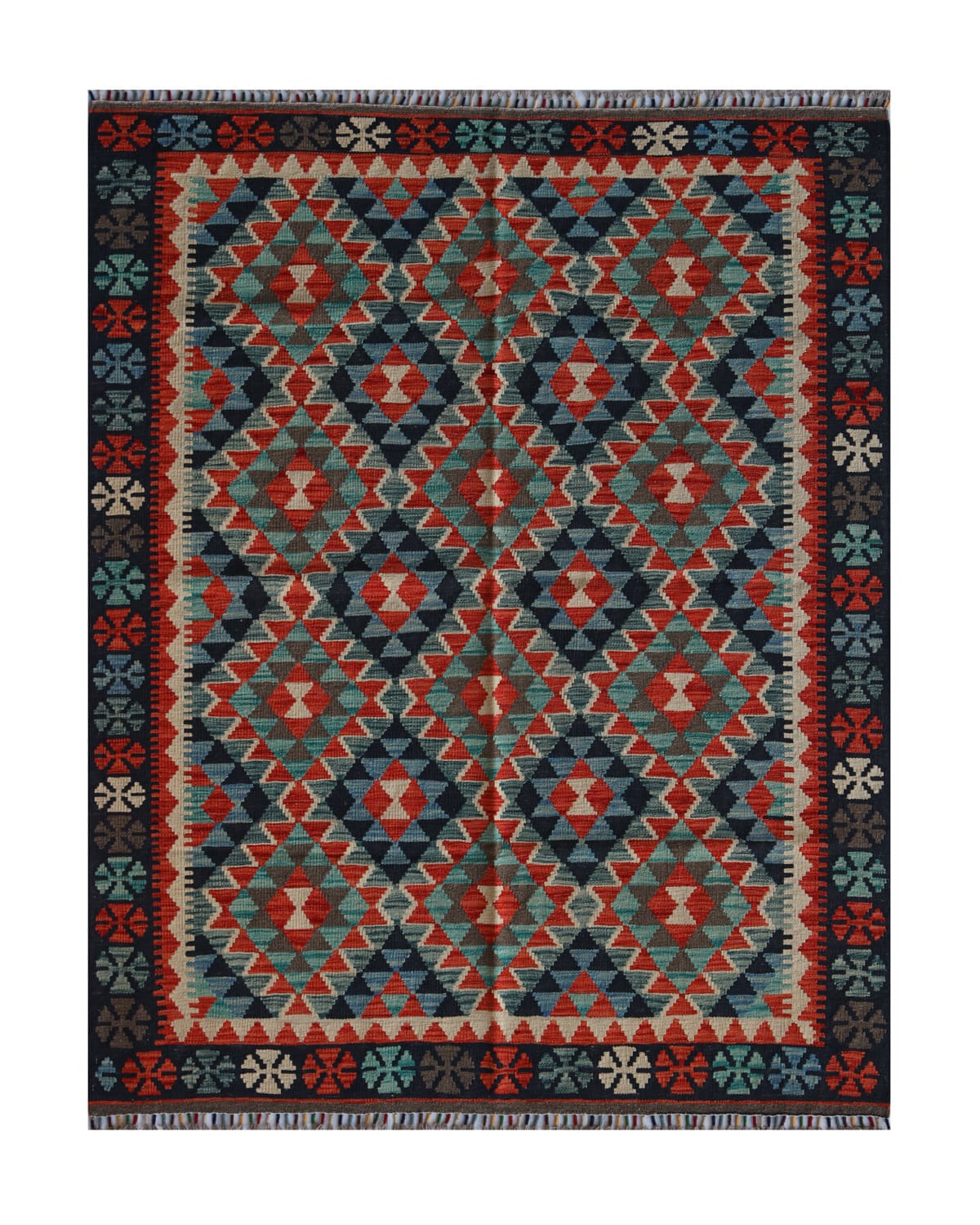 Handwoven Afghani Kilim Wool Rug – Bold Tribal Diamond Pattern | 7.5 x 5.1 ft