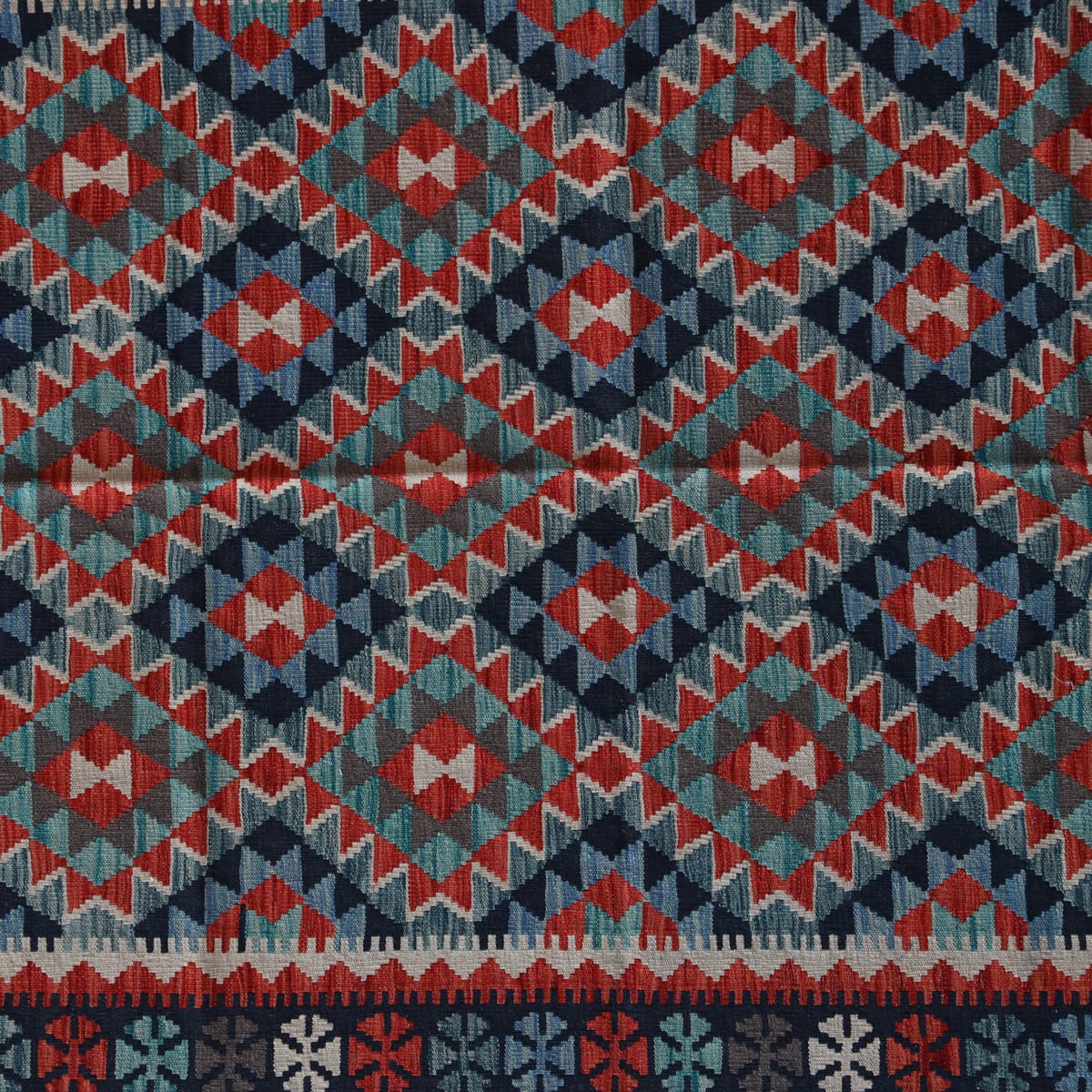 Handwoven Afghani Kilim Wool Rug – Bold Tribal Diamond Pattern | 7.5 x 5.1 ft