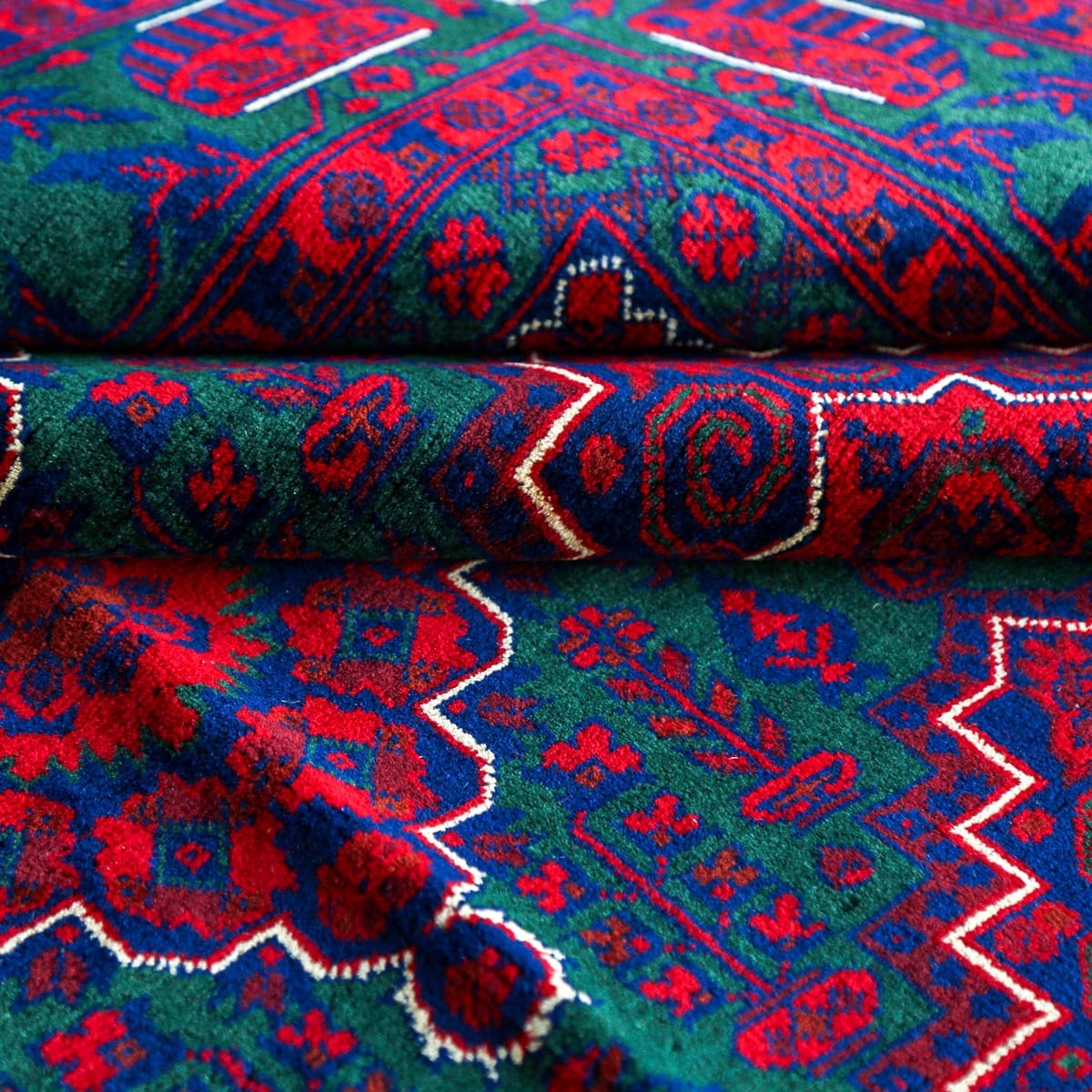 Handwoven Afghani Wool Carpet – Deep Red & Green Geometric Pattern | 11.6 x 8.2 ft