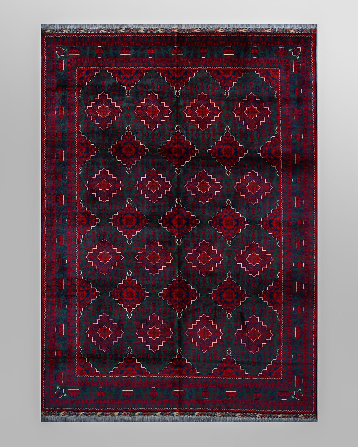 Handwoven Afghani Wool Carpet – Deep Red & Green Geometric Pattern | 11.6 x 8.2 ft