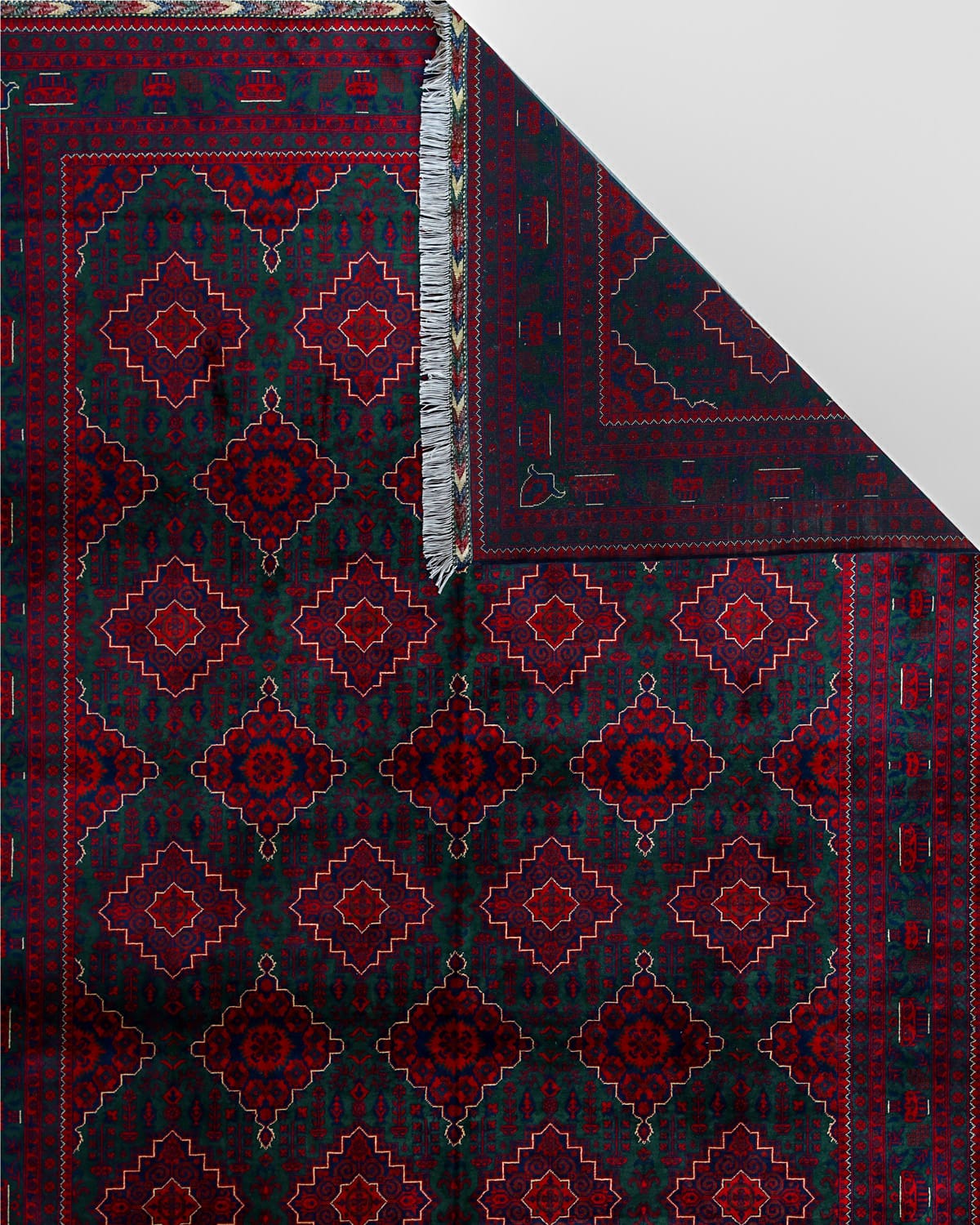 Handwoven Afghani Wool Carpet – Deep Red & Green Geometric Pattern | 11.6 x 8.2 ft