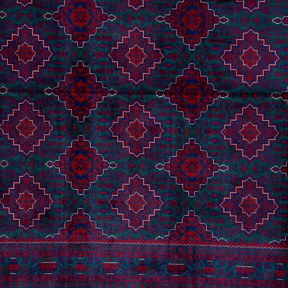Handwoven Afghani Wool Carpet – Deep Red & Green Geometric Pattern | 11.6 x 8.2 ft