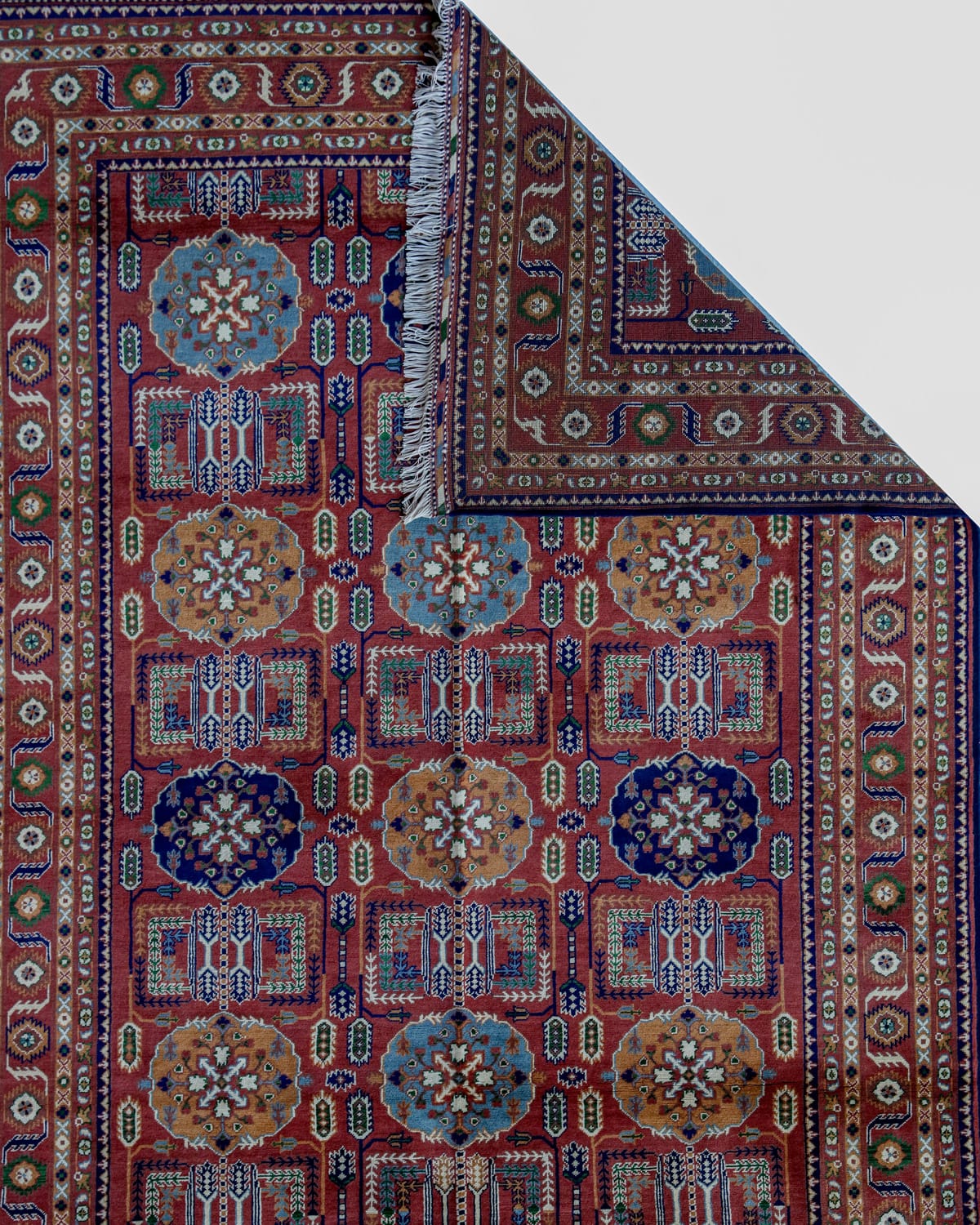 Afghani Traditional Wool Carpet – Multicolor Octagon Motif | 11.6 x 8.2 ft