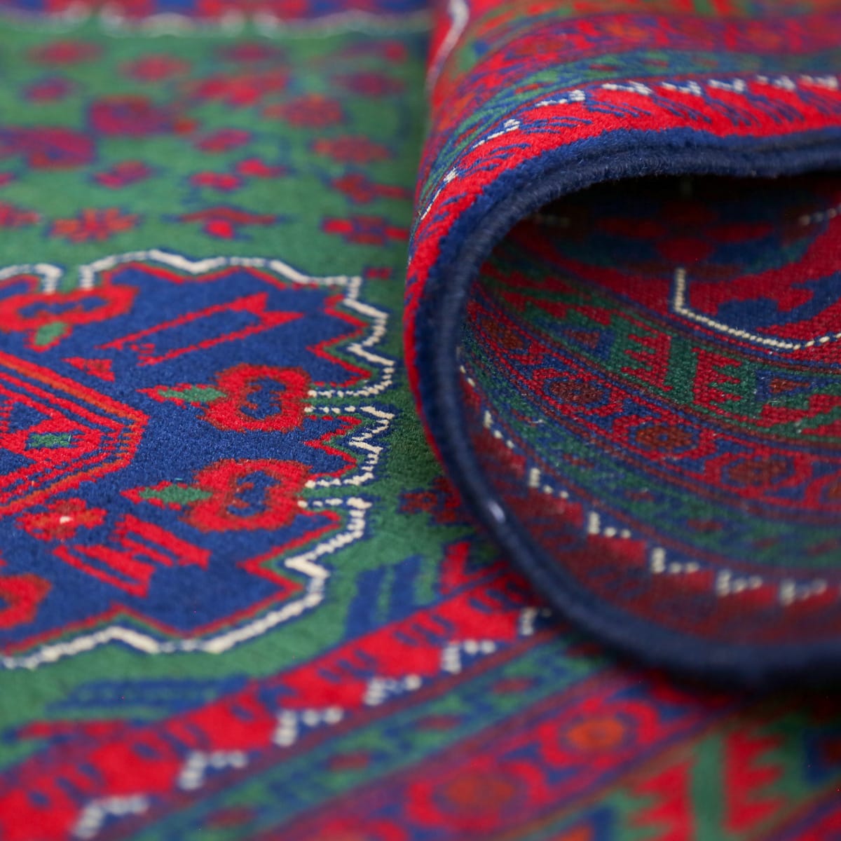 Afghani Geometric Wool Carpet – Green & Red Design | 11.2 x 6.2 ft