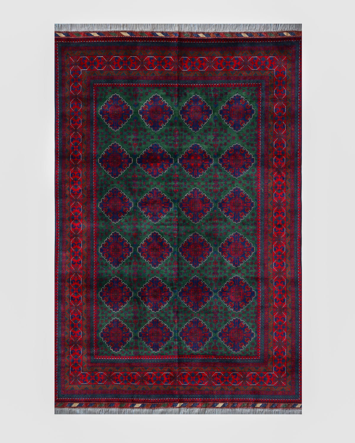 Afghani Geometric Wool Carpet – Green & Red Design | 11.2 x 6.2 ft
