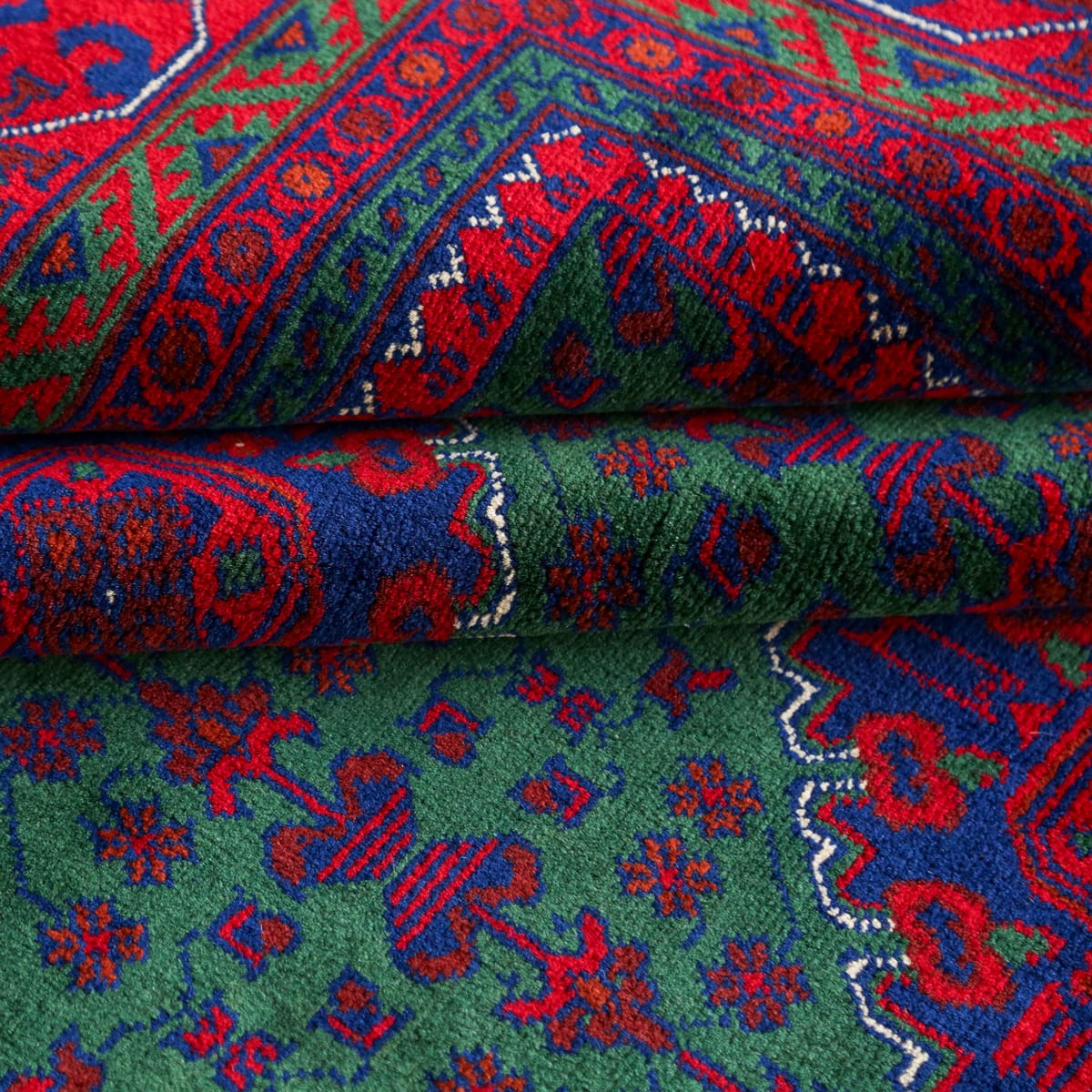 Afghani Geometric Wool Carpet – Green & Red Design | 11.2 x 6.2 ft