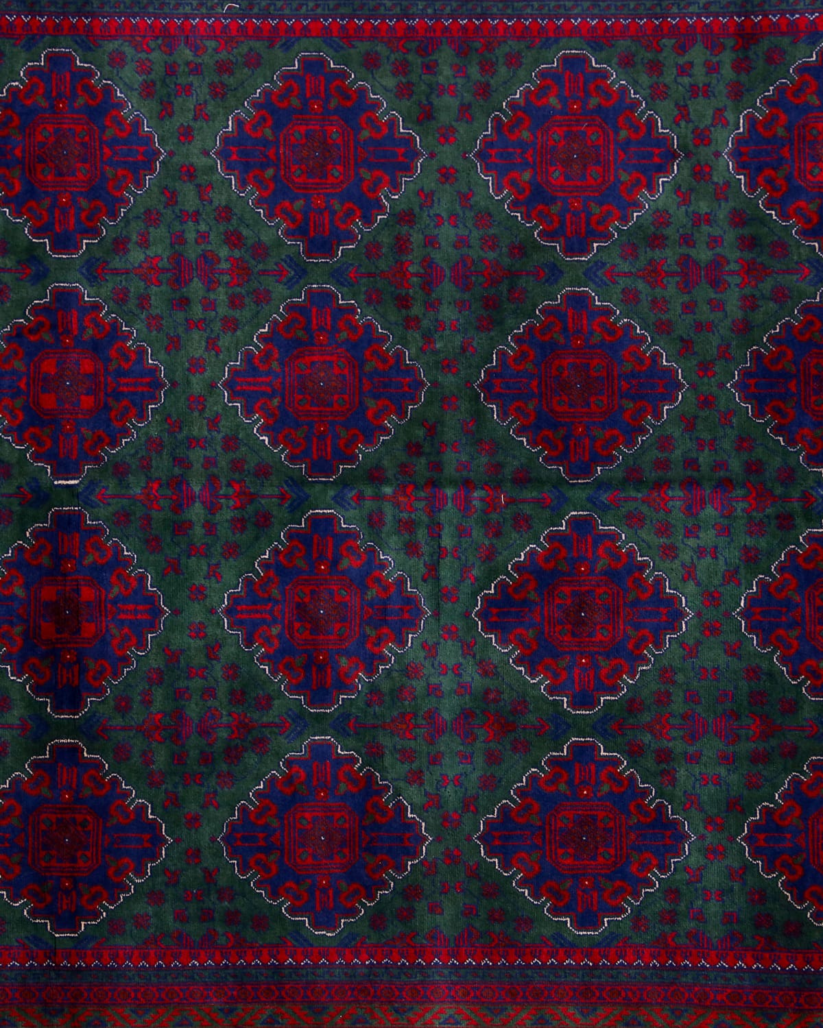 Afghani Geometric Wool Carpet – Green & Red Design | 11.2 x 6.2 ft