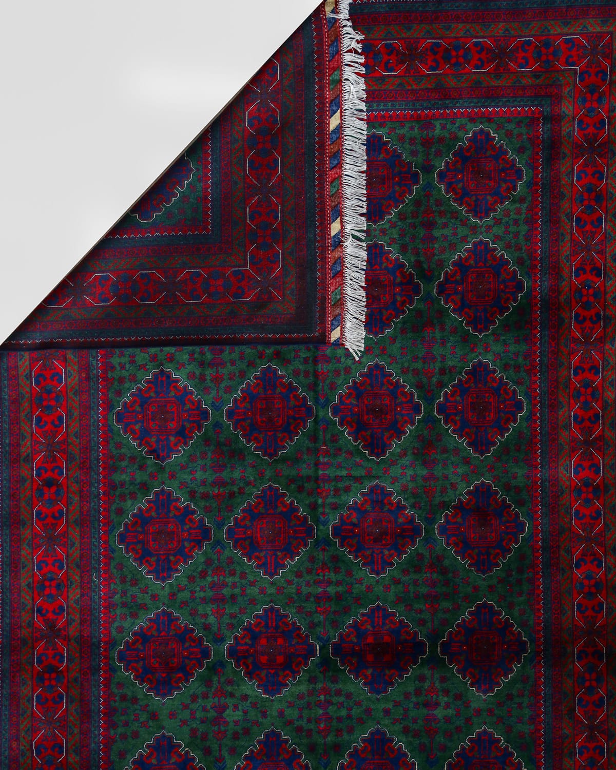 Afghani Geometric Wool Carpet – Green & Red Design | 11.2 x 6.2 ft