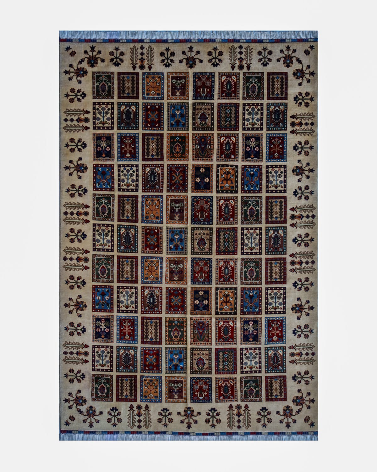 Afghani Mosaic Pattern Wool Carpet – Ivory Border | 10.8 x 7.2 ft