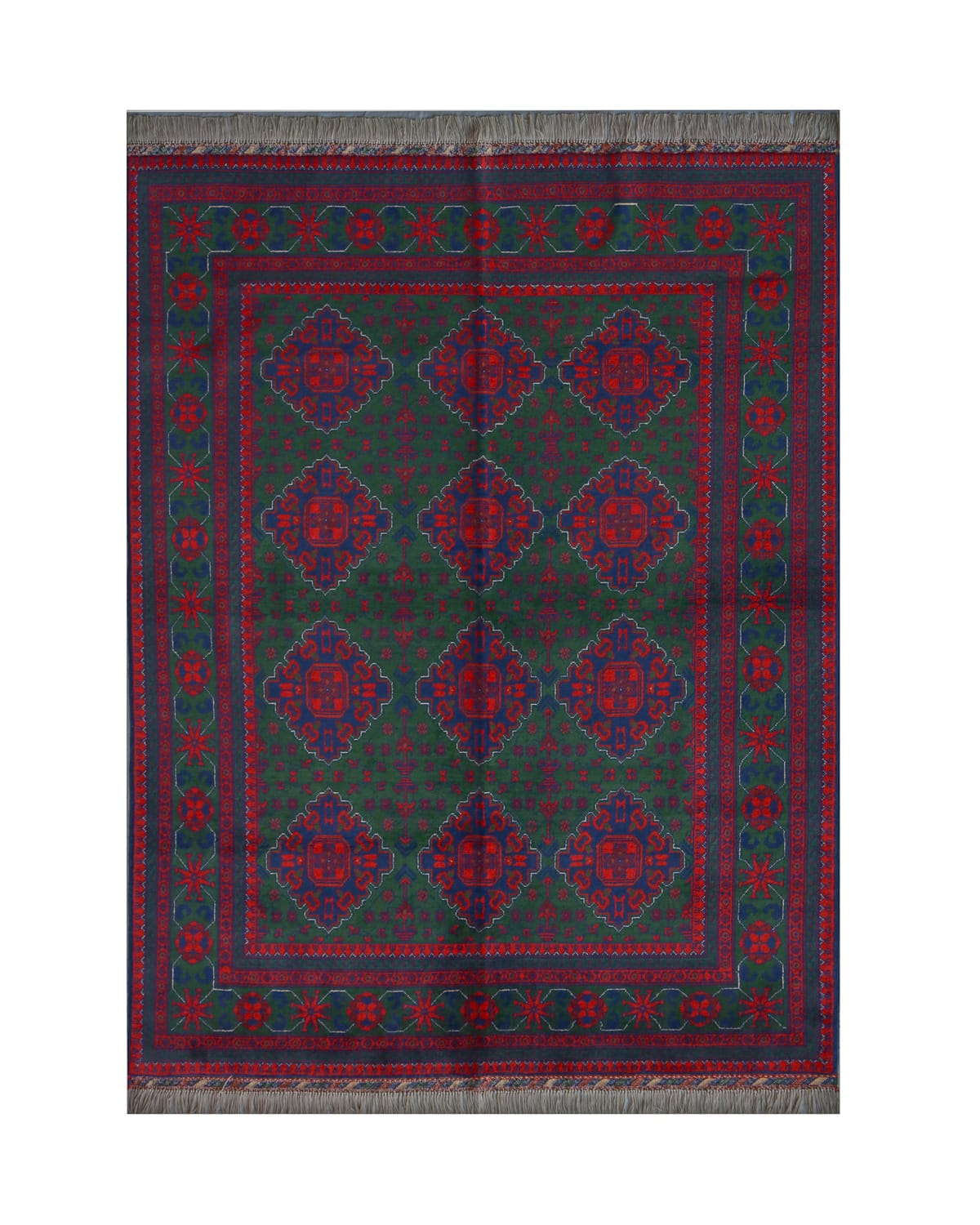 Afghani Traditional Red-Green Wool Carpet | 8.2 x 5 ft