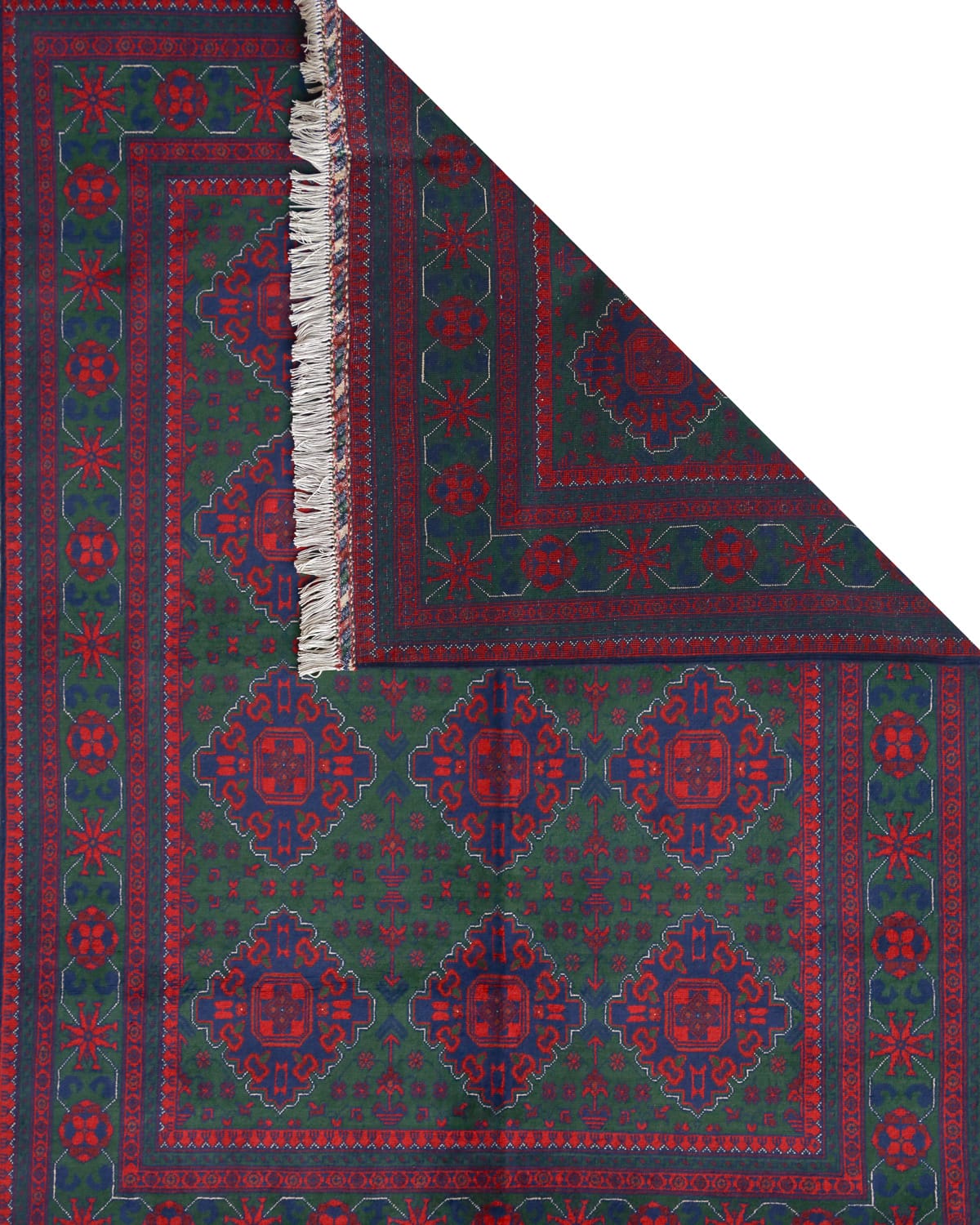 Afghani Traditional Red-Green Wool Carpet | 8.2 x 5 ft