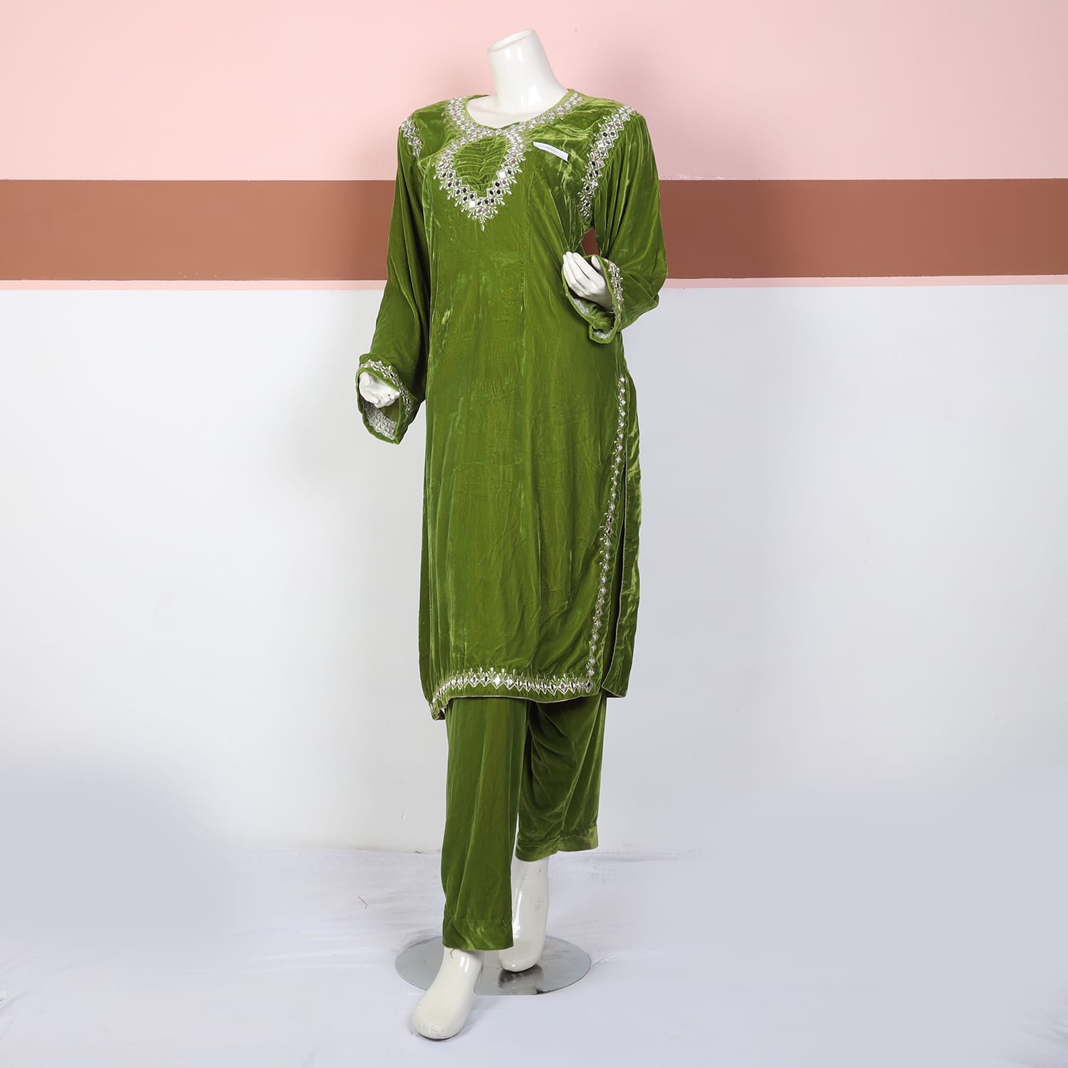 Olive Green Velvet Embroidered Traditional Dress