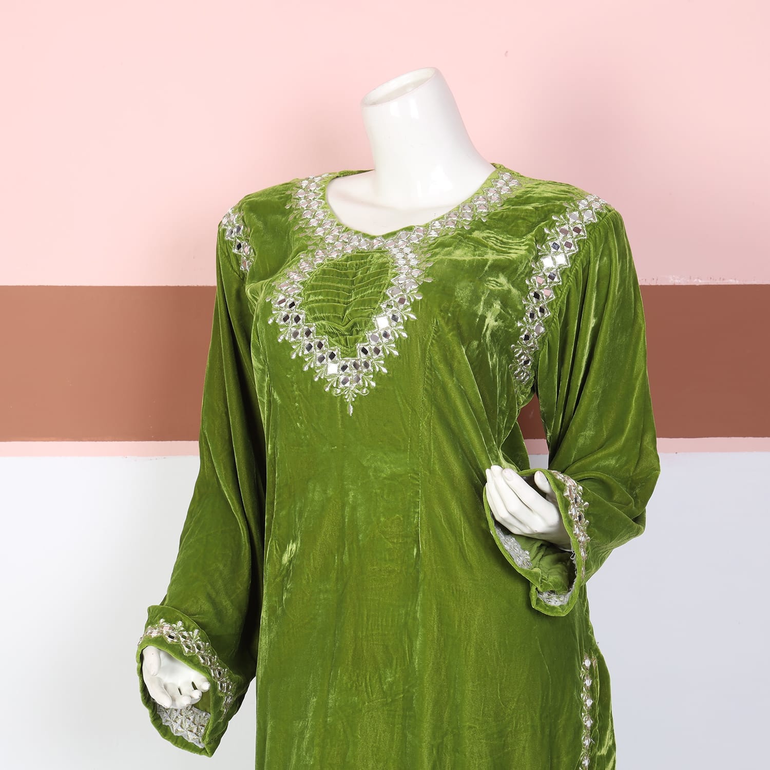 Olive Green Velvet Embroidered Traditional Dress