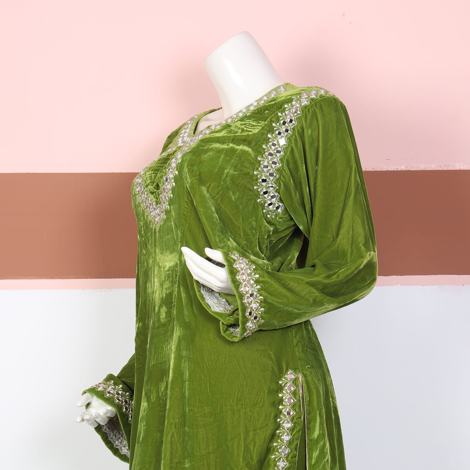 Olive Green Velvet Embroidered Traditional Dress