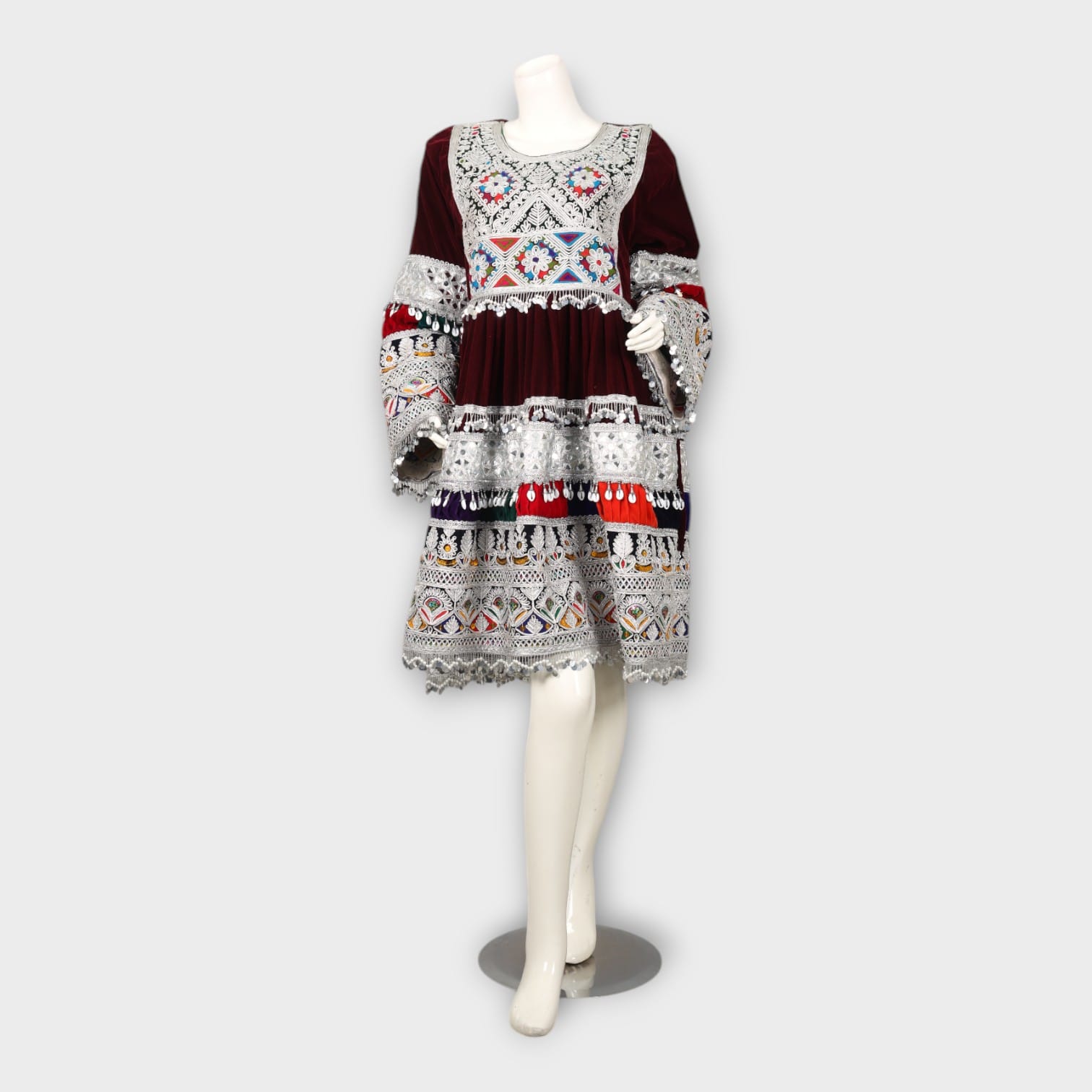 Short Maroon Afghani Embroidered Dress