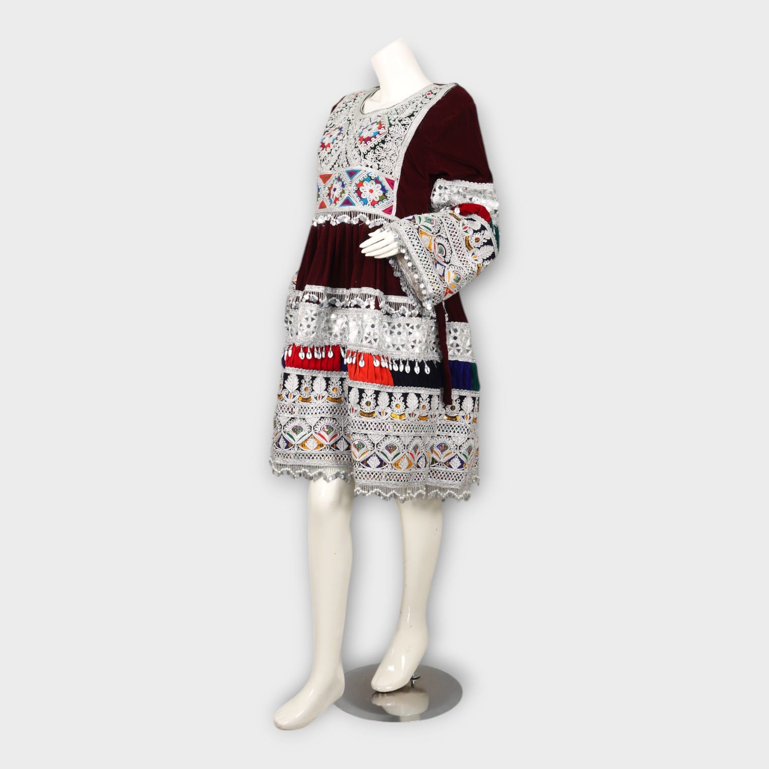 Short Maroon Afghani Embroidered Dress