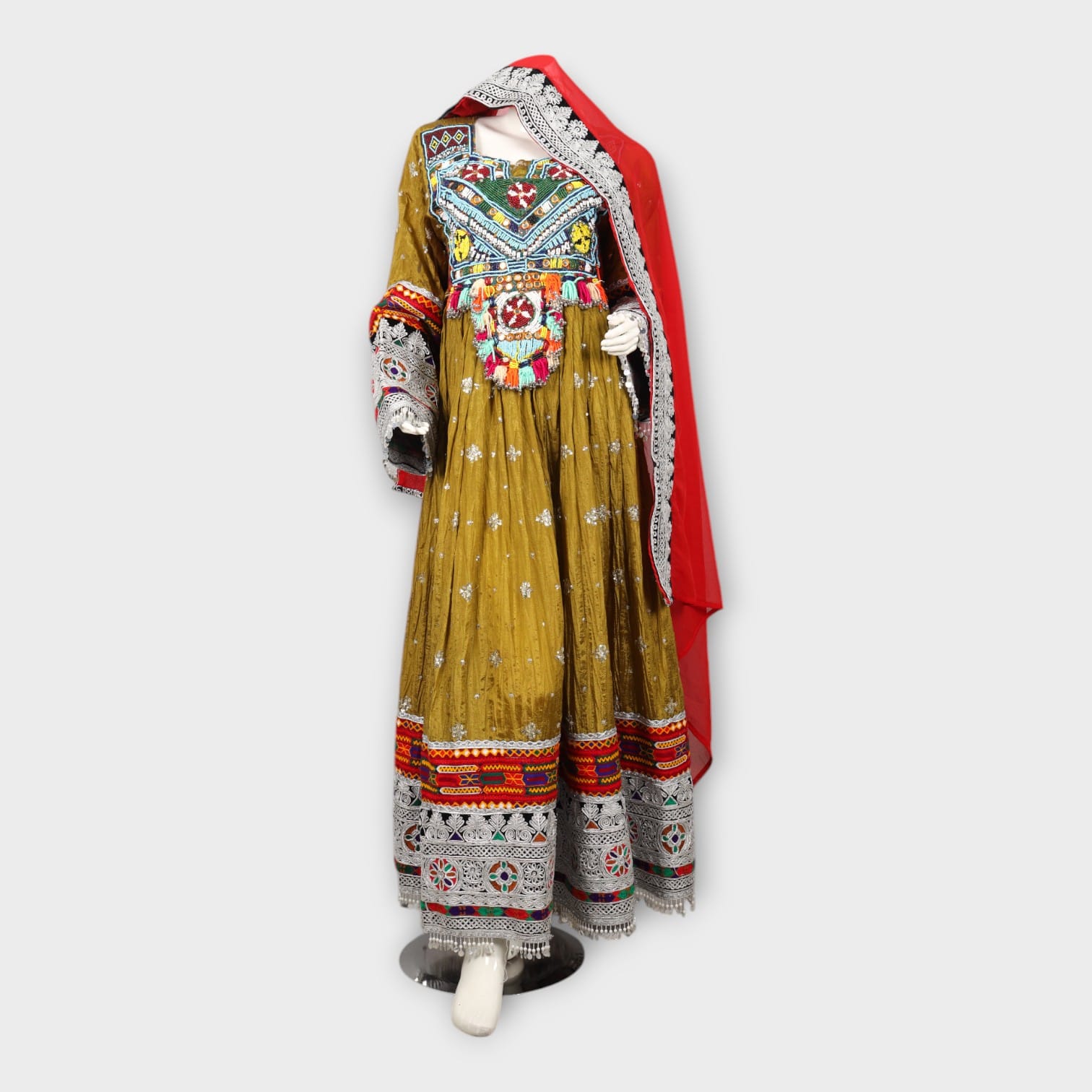 Golden Traditional Afghani Dress with Red Dupatta | Aseel