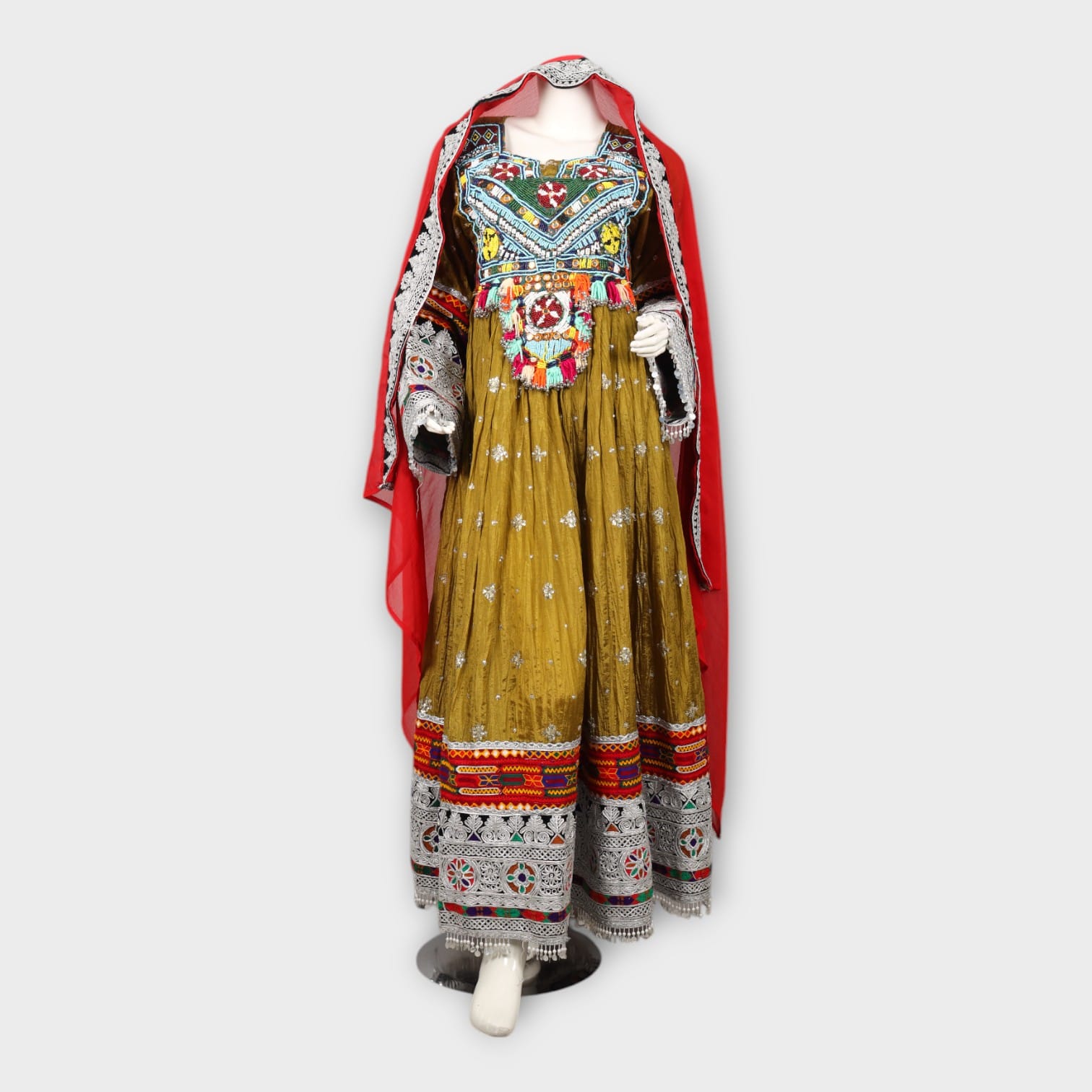 Golden Traditional Afghani Dress with Red Dupatta