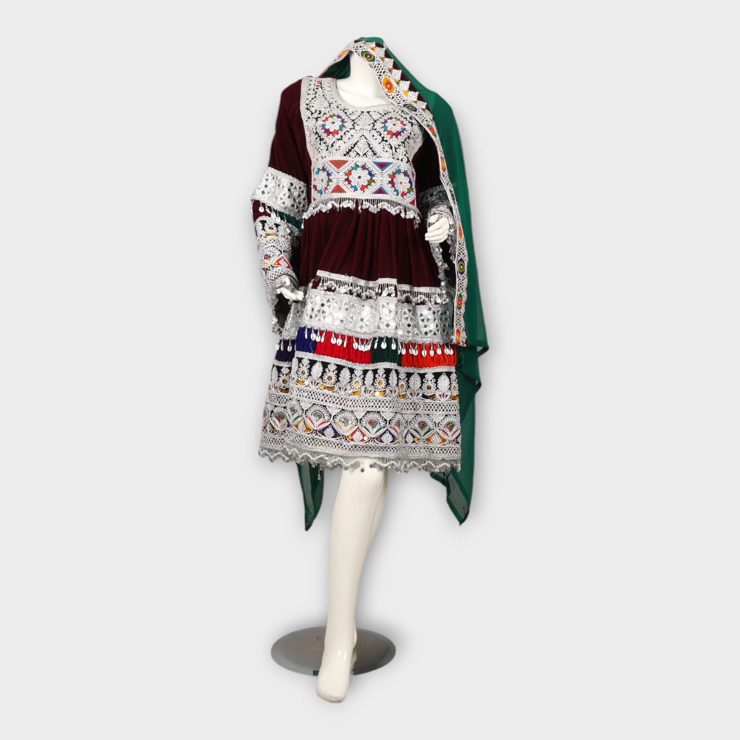 Short Maroon Afghani Dress with Green Dupatta