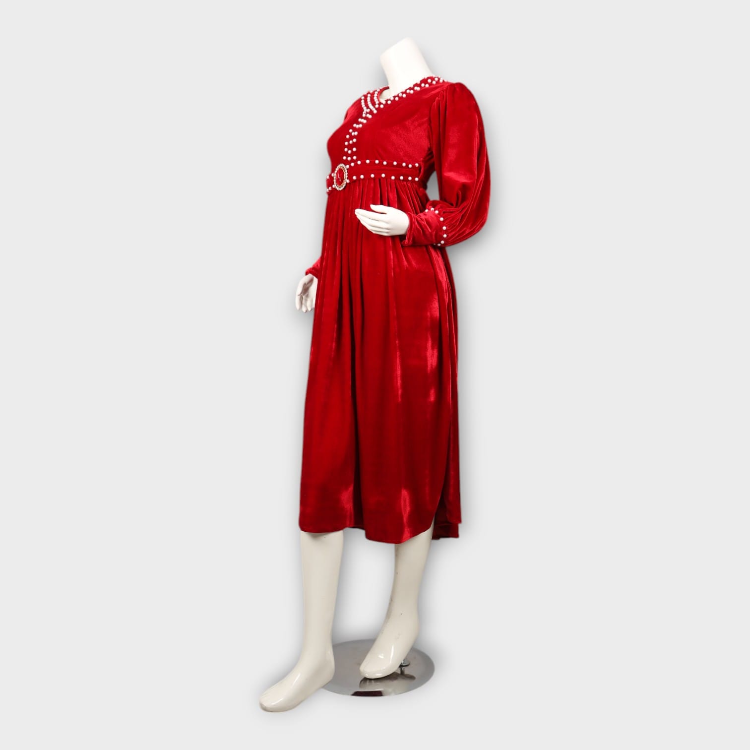 Elegant Red Velvet Dress with Pearl Detailing