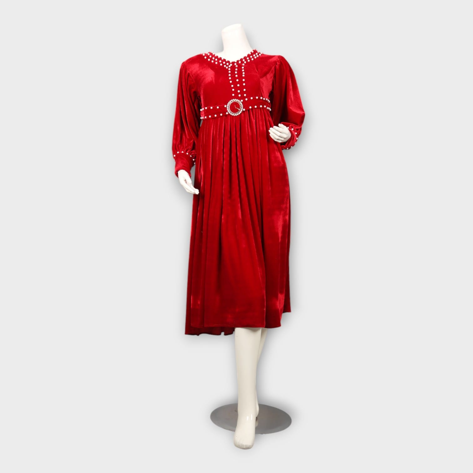 Elegant Red Velvet Dress with Pearl Detailing | Aseel