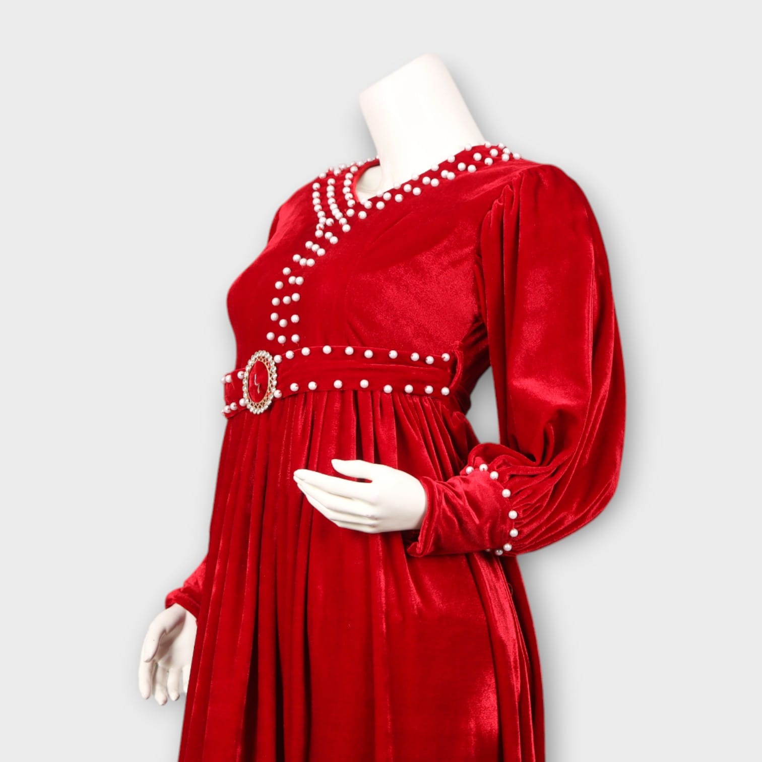 Elegant Red Velvet Dress with Pearl Detailing