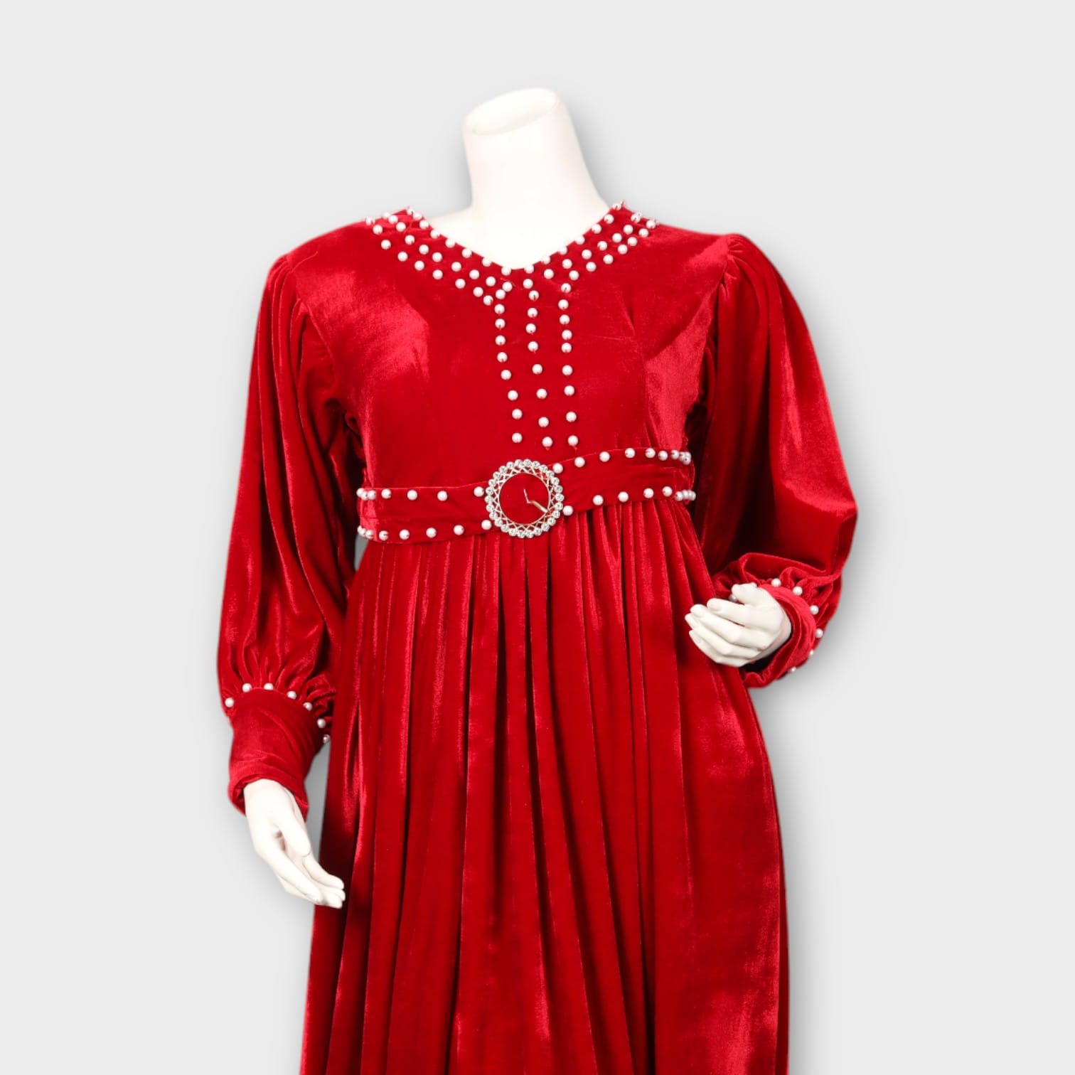 Elegant Red Velvet Dress with Pearl Detailing