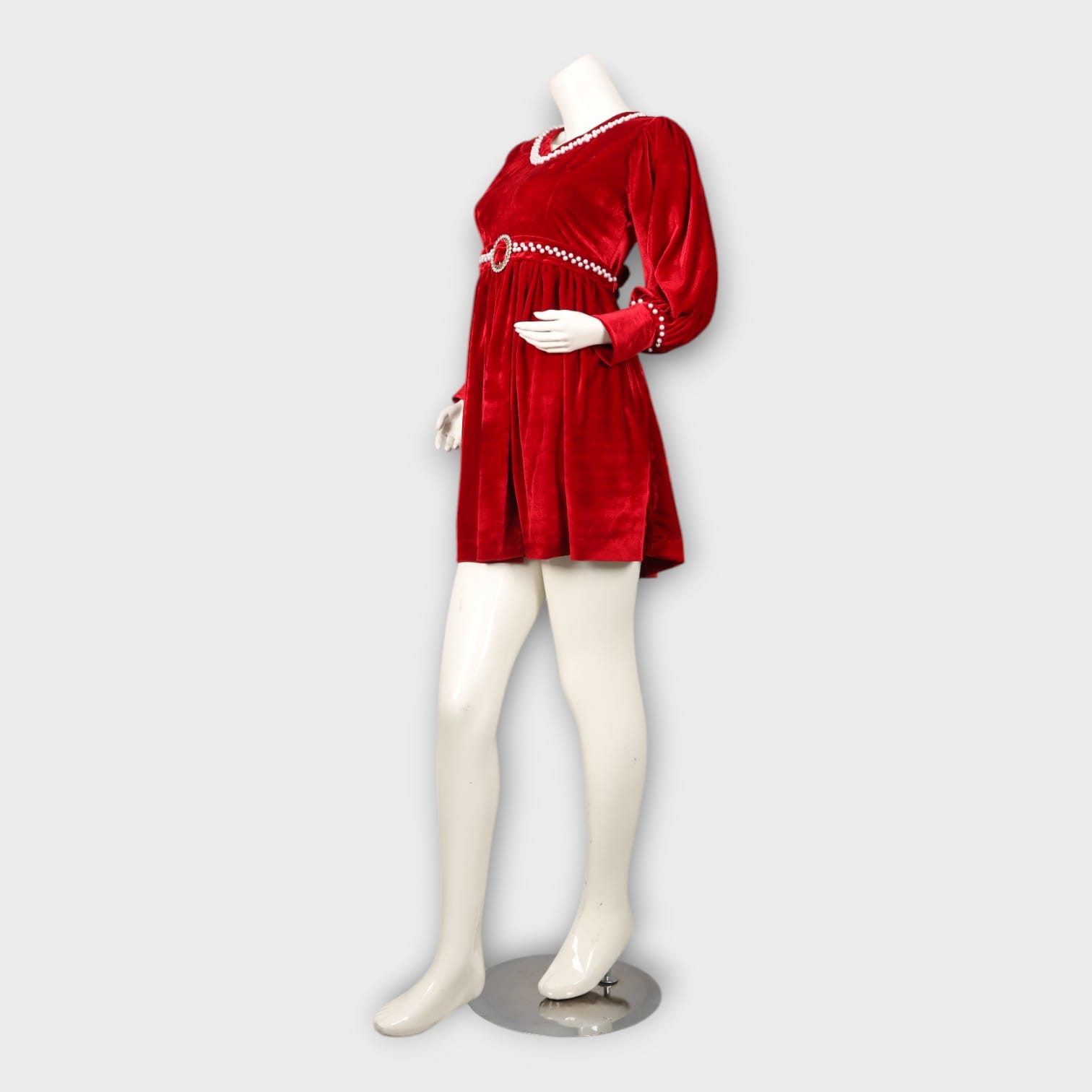 Red Velvet Dress with Pearl Belt and Sleeve Details