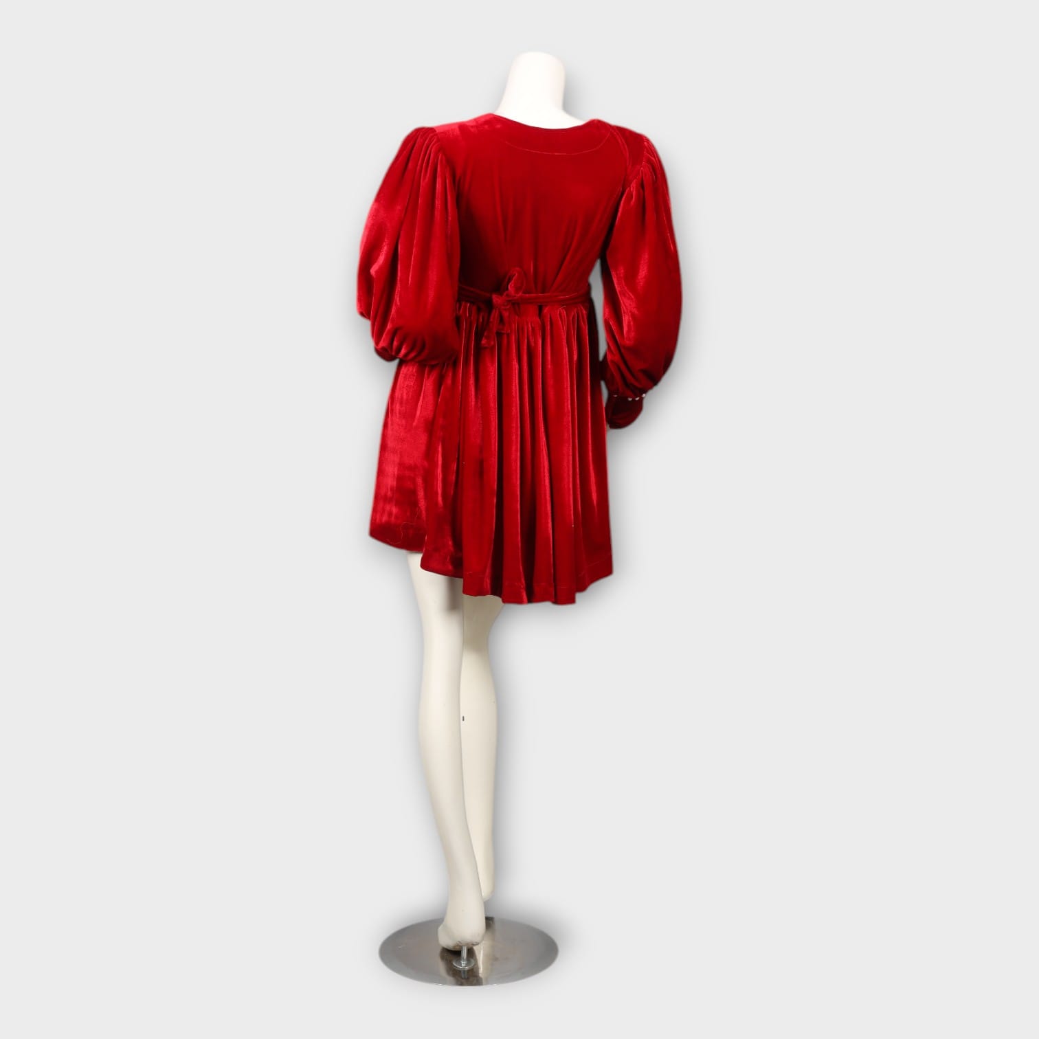 Red Velvet Dress with Pearl Belt and Sleeve Details