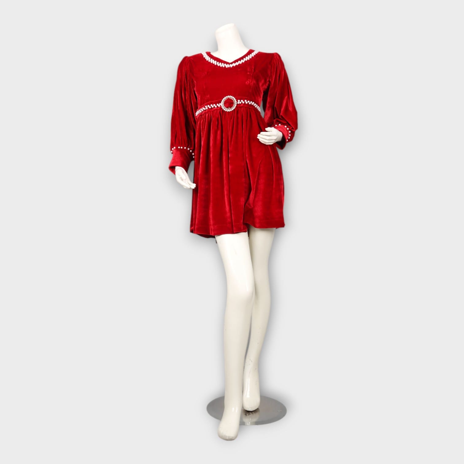 Red Velvet Dress with Pearl Belt and Sleeve Details