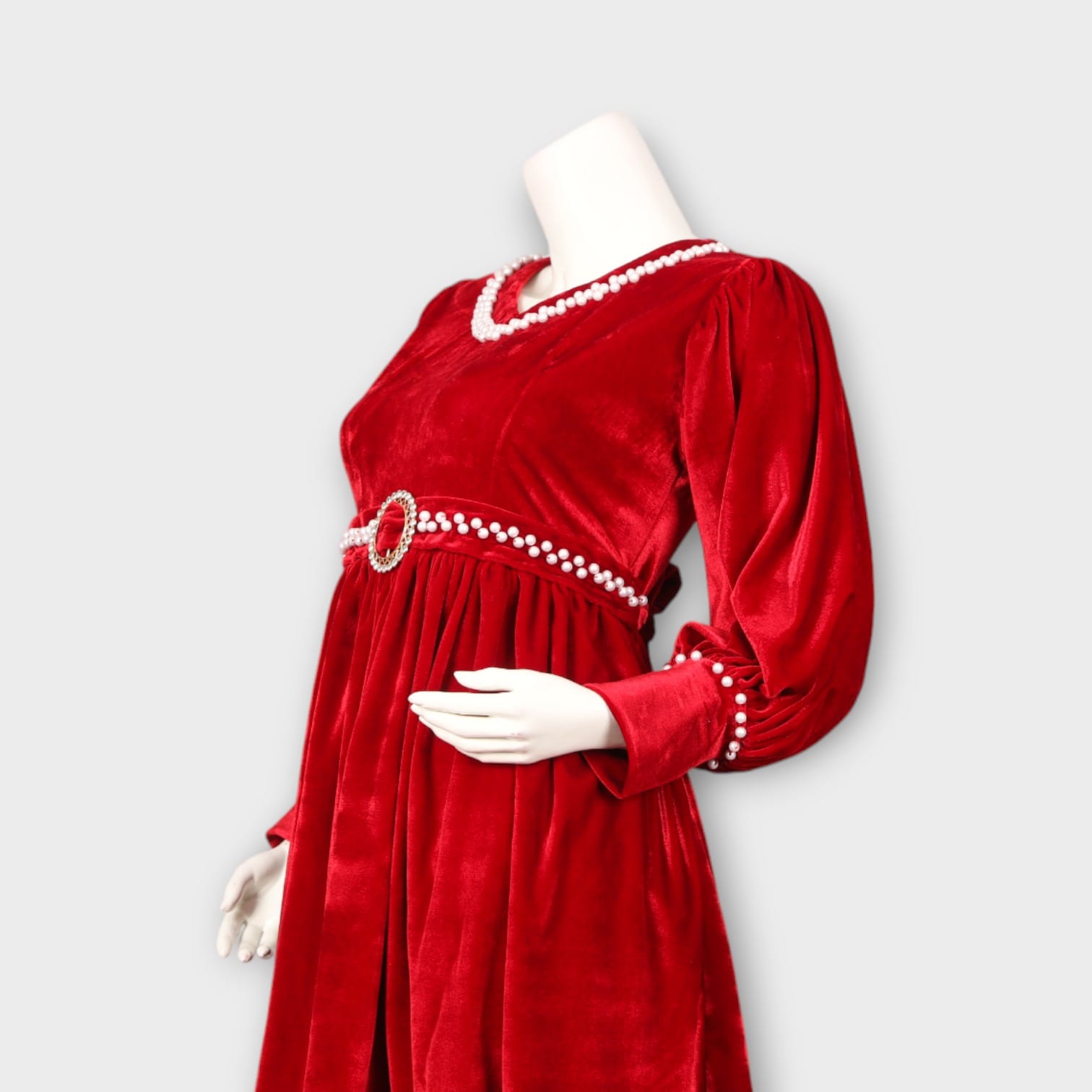 Red Velvet Dress with Pearl Belt and Sleeve Details