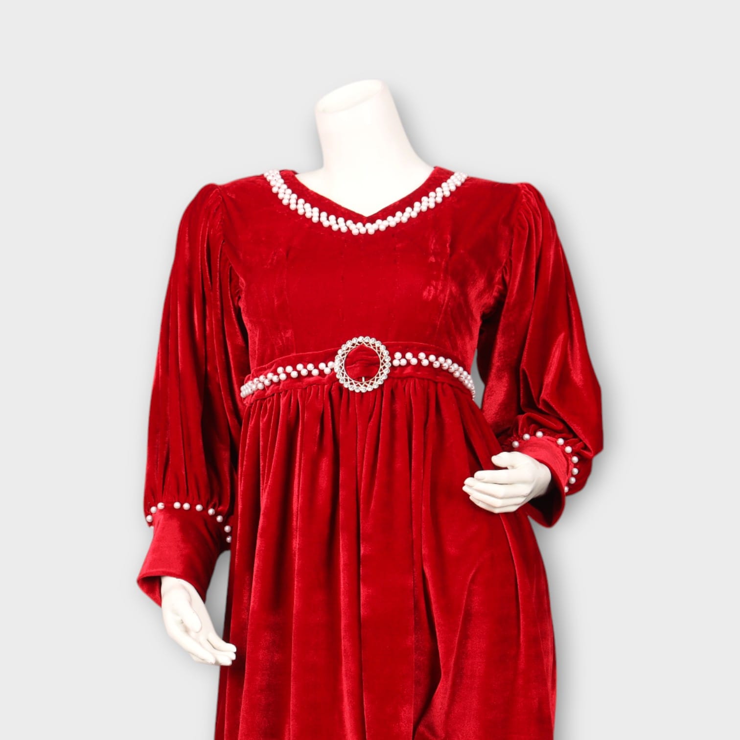 Red Velvet Dress with Pearl Belt and Sleeve Details