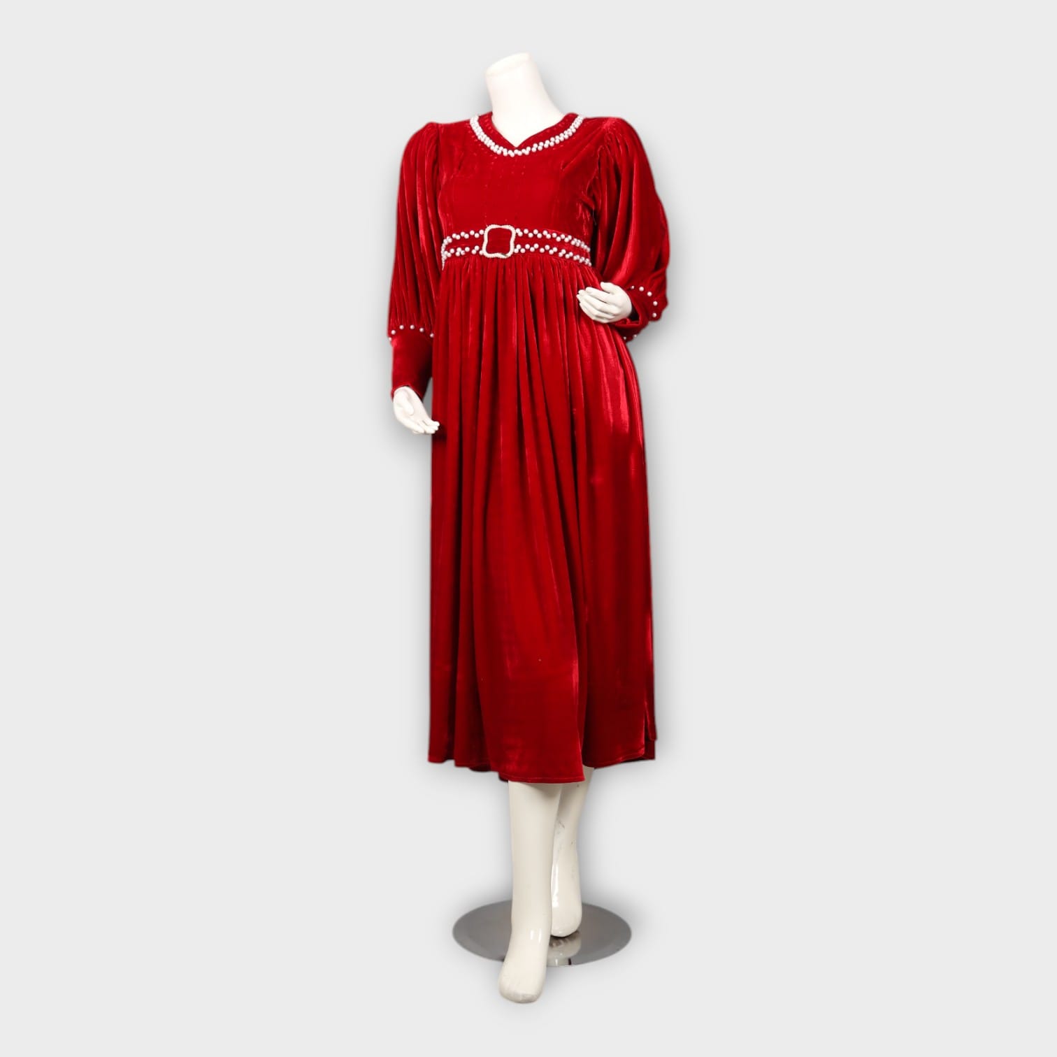 Red Velvet Dress with Pearl Buckle Belt