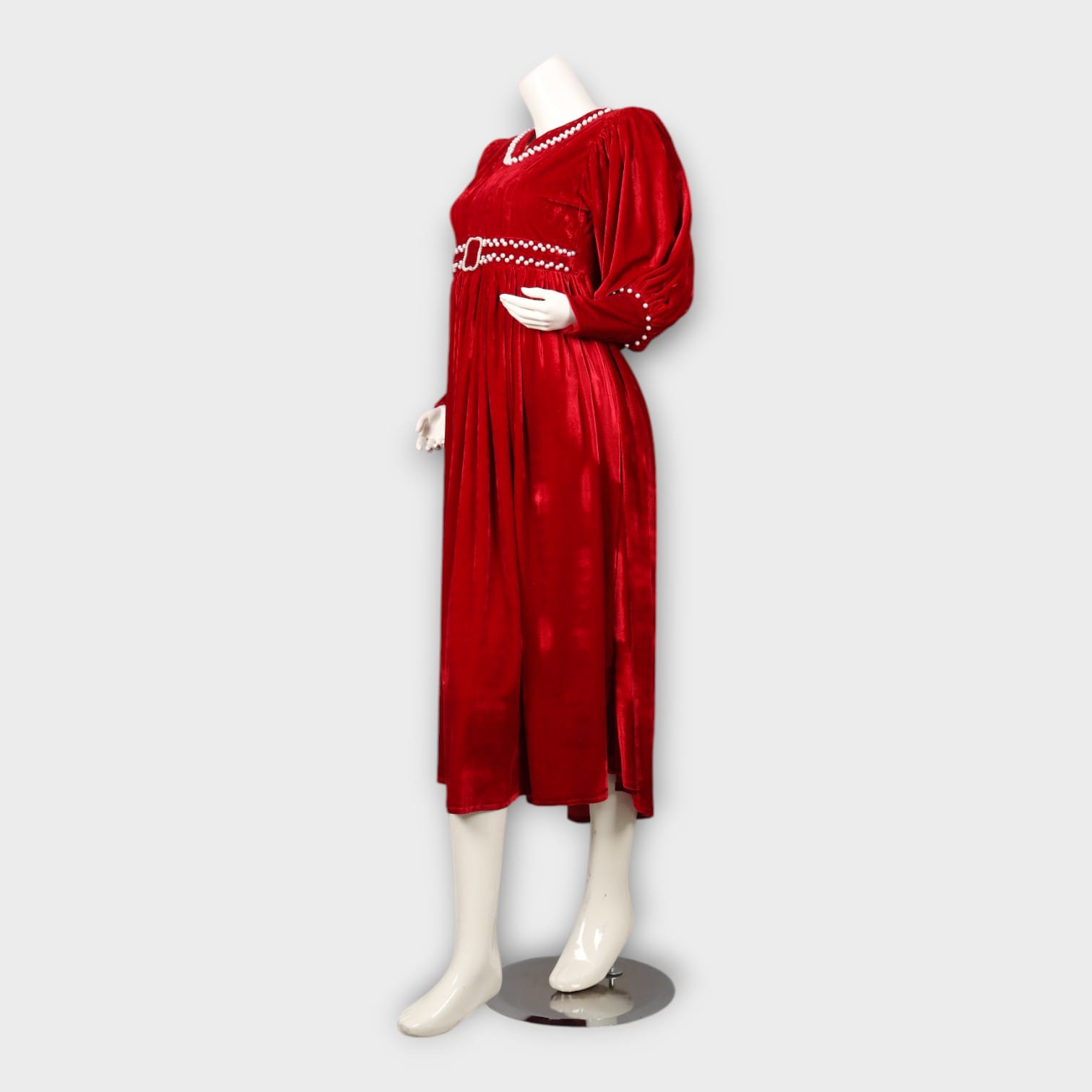 Red Velvet Dress with Pearl Buckle Belt