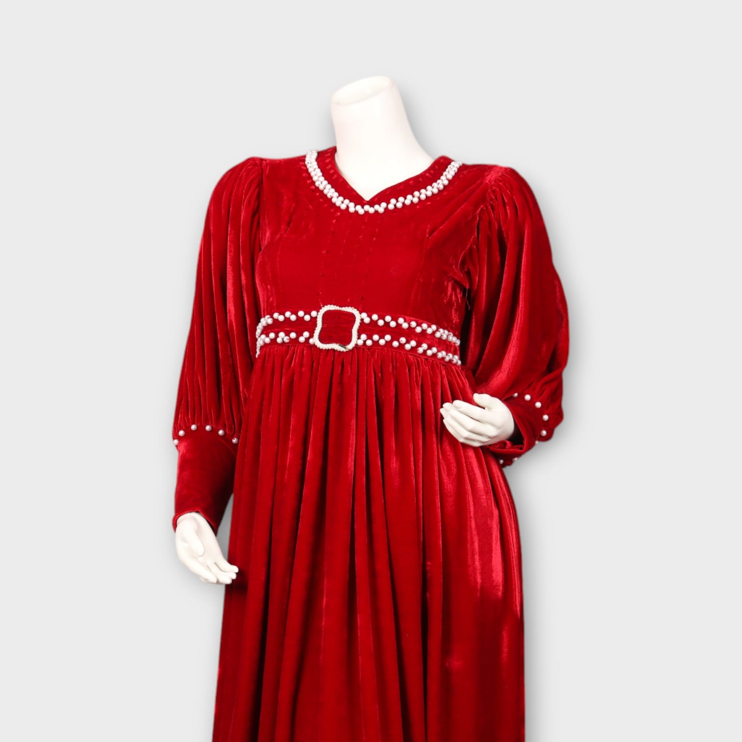 Red Velvet Dress with Pearl Buckle Belt