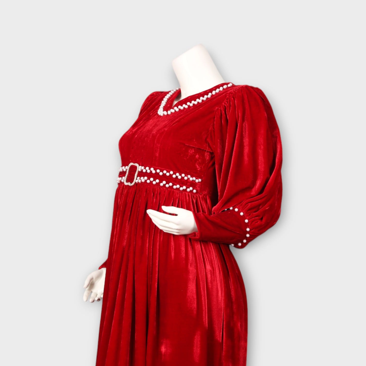 Red Velvet Dress with Pearl Buckle Belt
