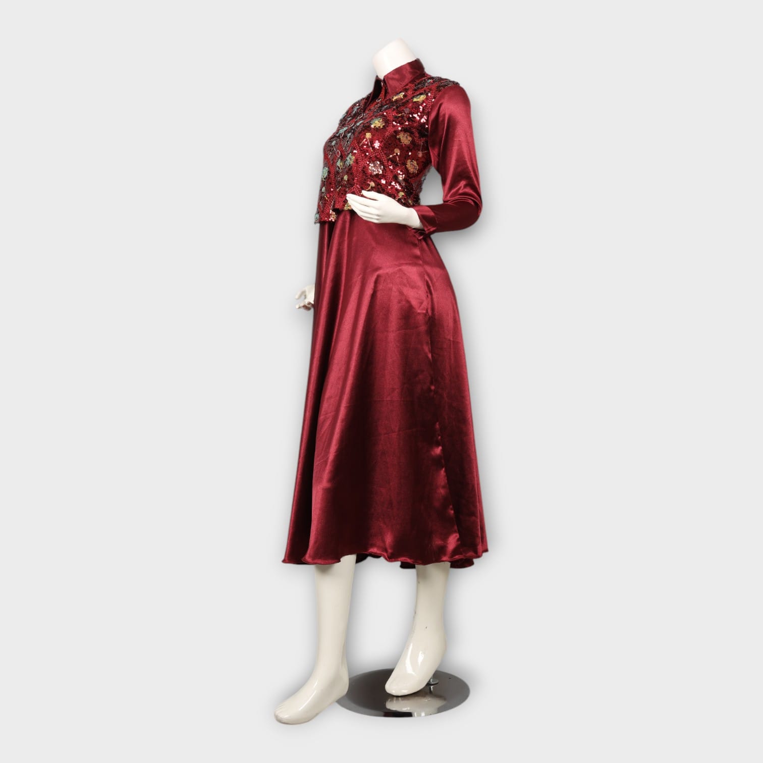 Maroon Silk Flared Dress with Embroidered Vest