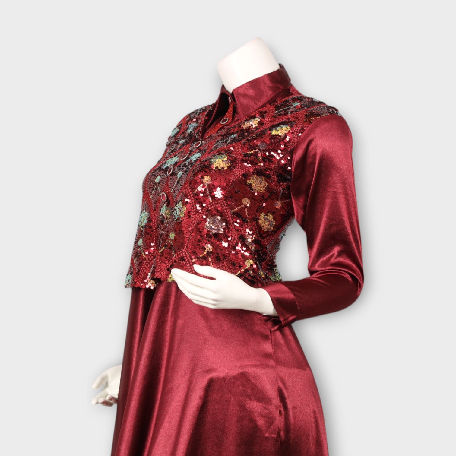 Maroon Silk Flared Dress with Embroidered Vest