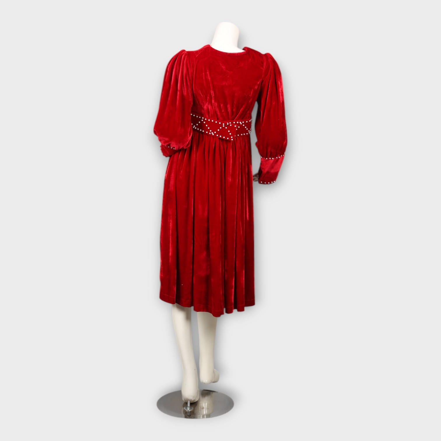Red Velvet Midi Dress with Pearl Waistband
