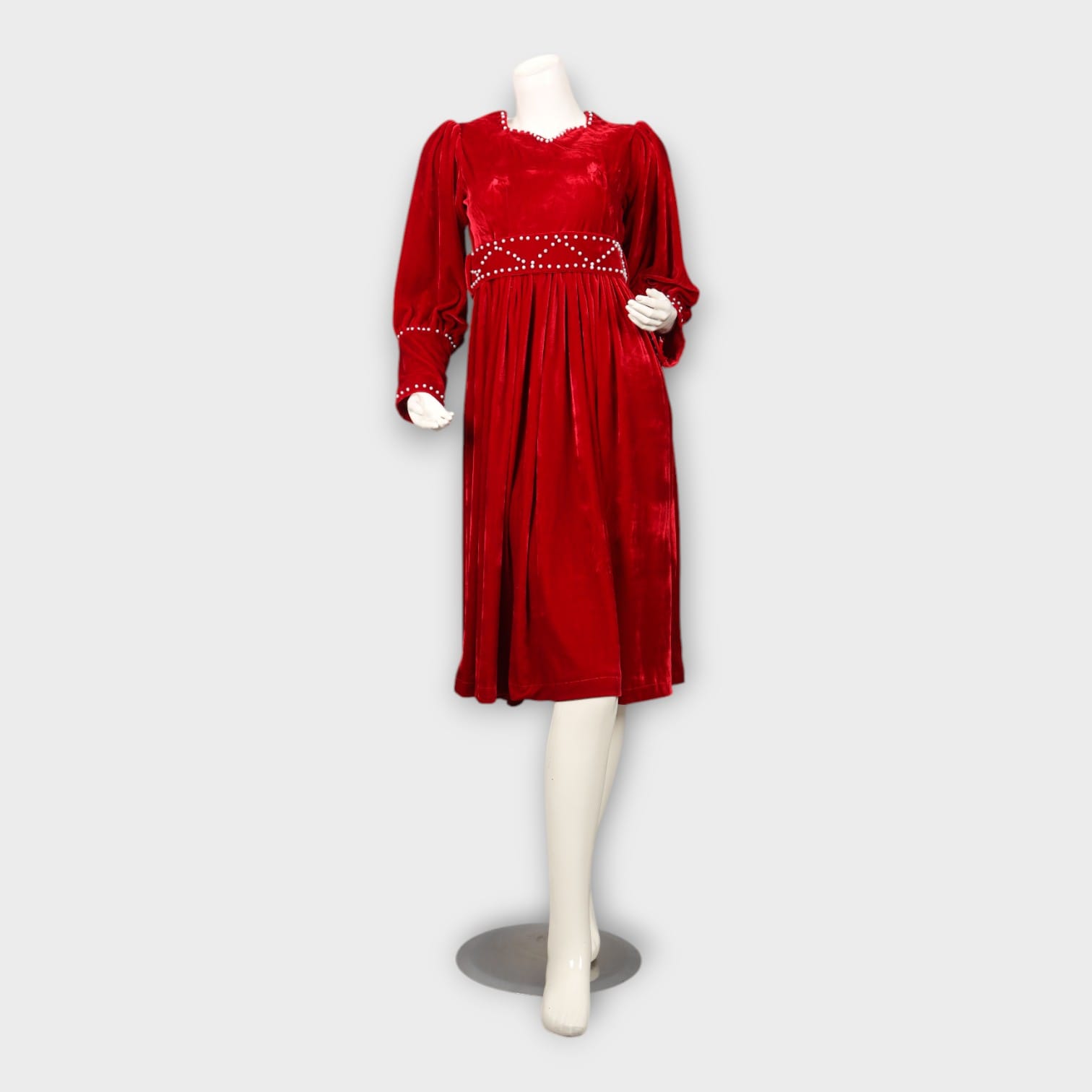 Red Velvet Midi Dress with Pearl Waistband