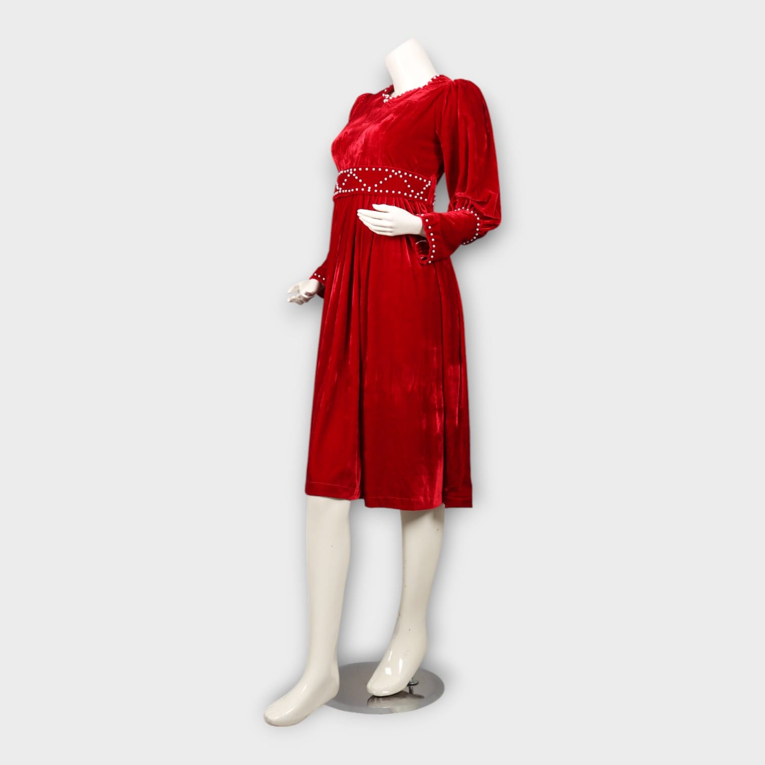 Red Velvet Midi Dress with Pearl Waistband