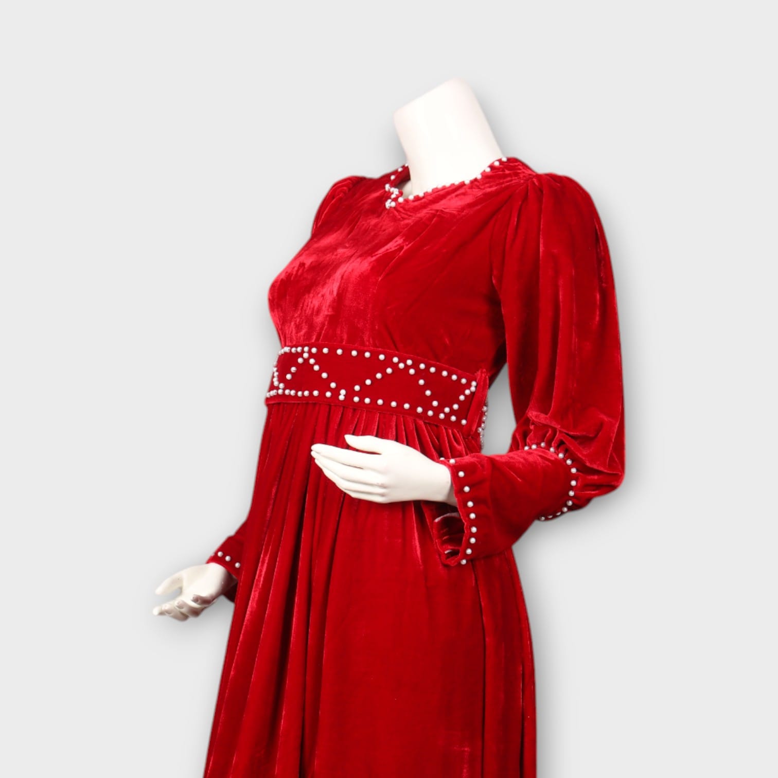 Red Velvet Midi Dress with Pearl Waistband