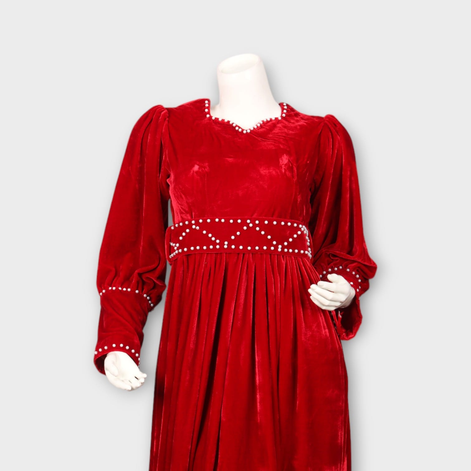 Red Velvet Midi Dress with Pearl Waistband