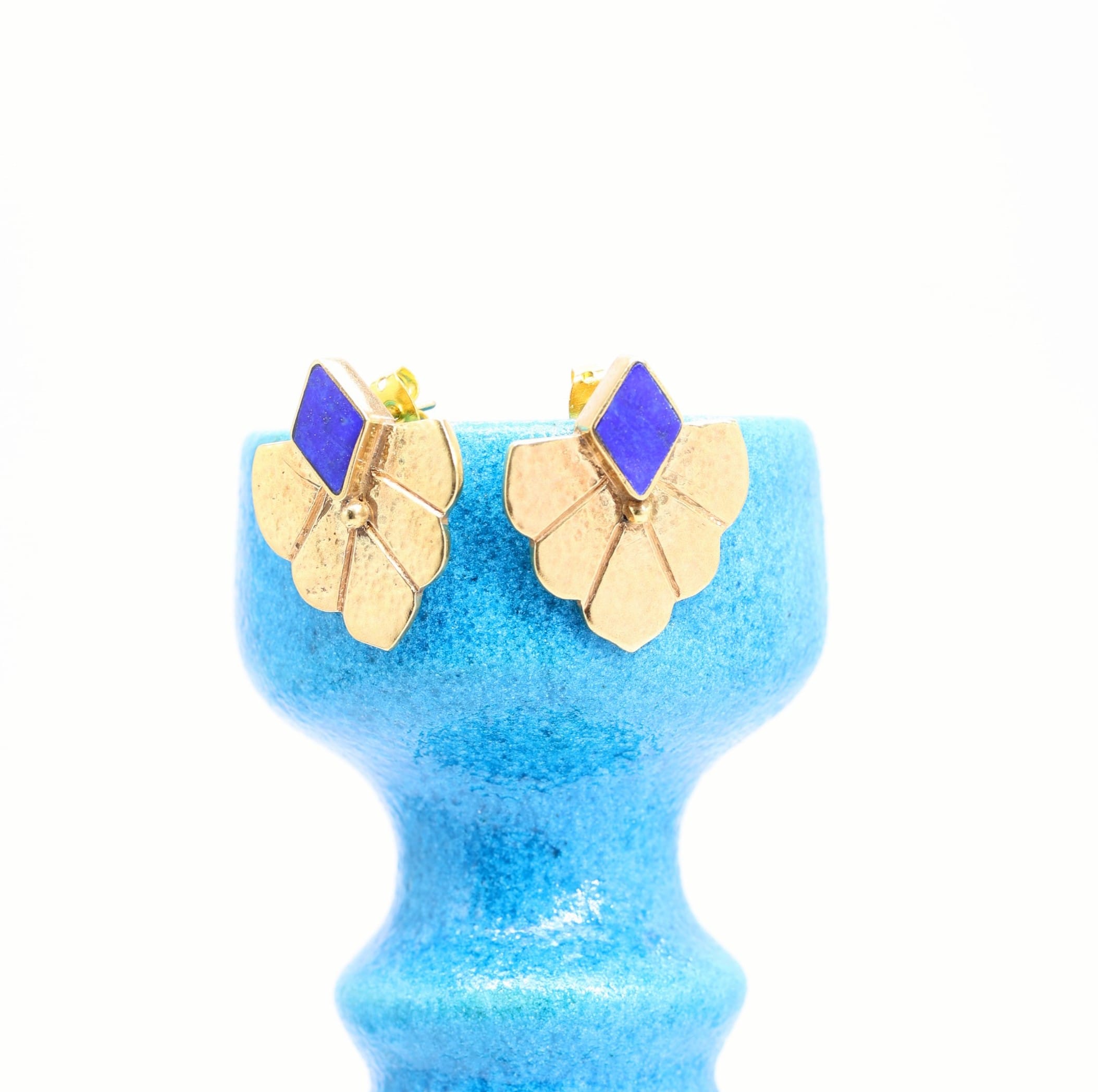Handmade Gold Leaf Stud Earrings with Blue Stone – Elegant Artisan Jewelry