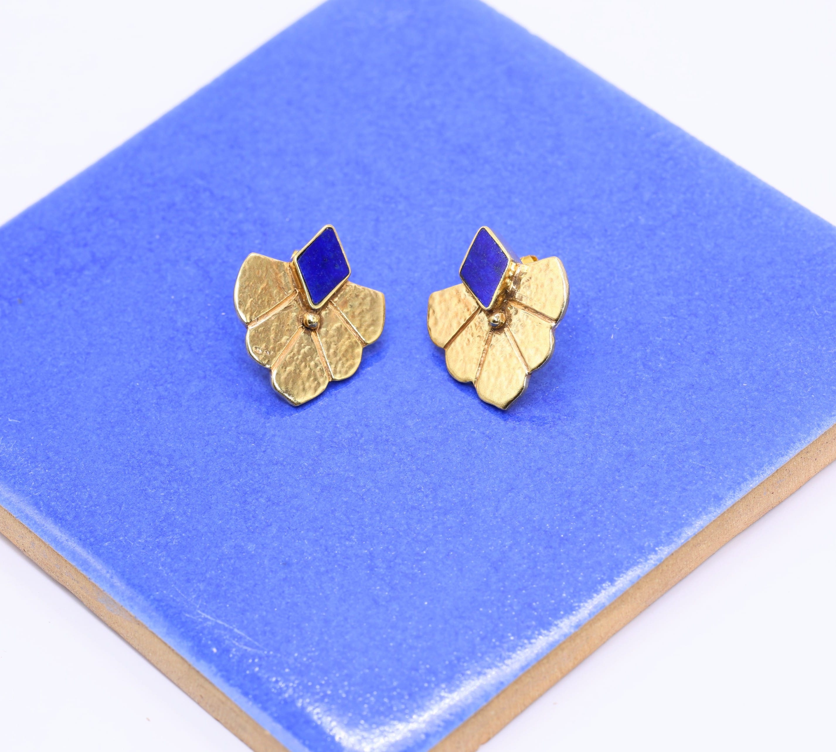 Handmade Gold Leaf Stud Earrings with Blue Stone – Elegant Artisan Jewelry