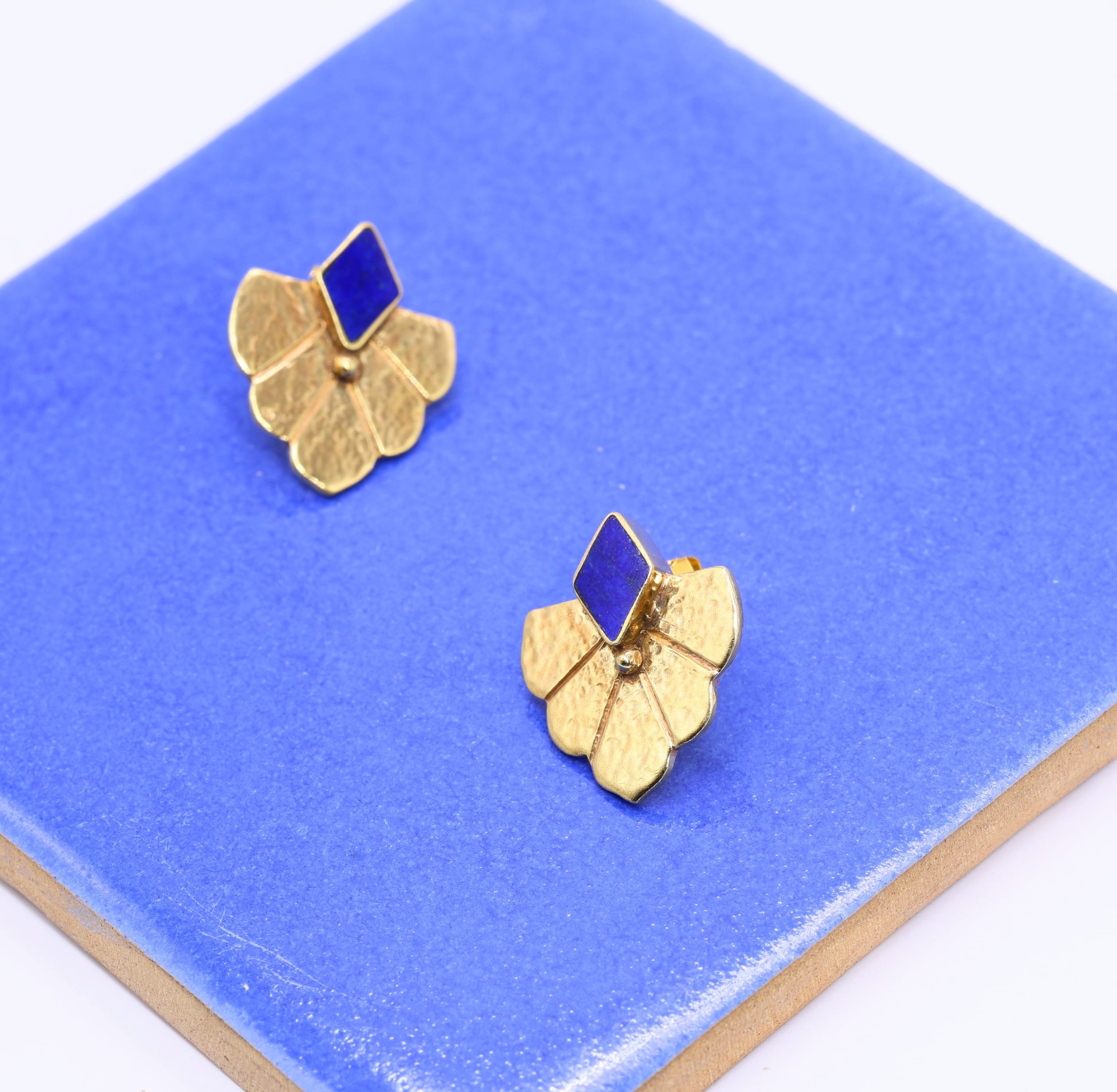 Handmade Gold Leaf Stud Earrings with Blue Stone – Elegant Artisan Jewelry